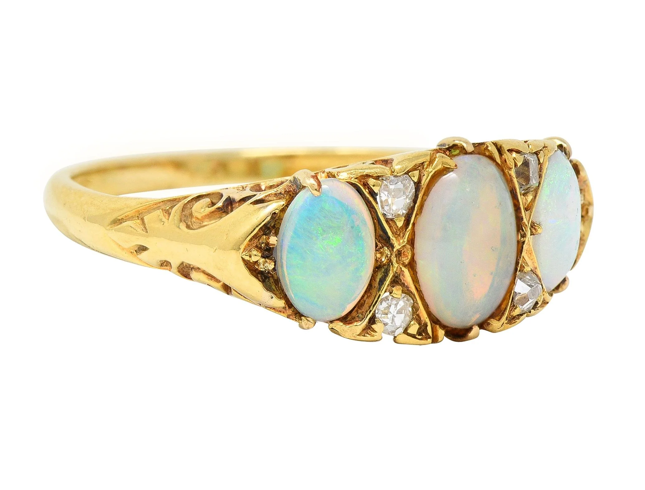 Victorian Opal Diamond 18 Karat Yellow Gold Antique Three Stone Band Ring - Image 3