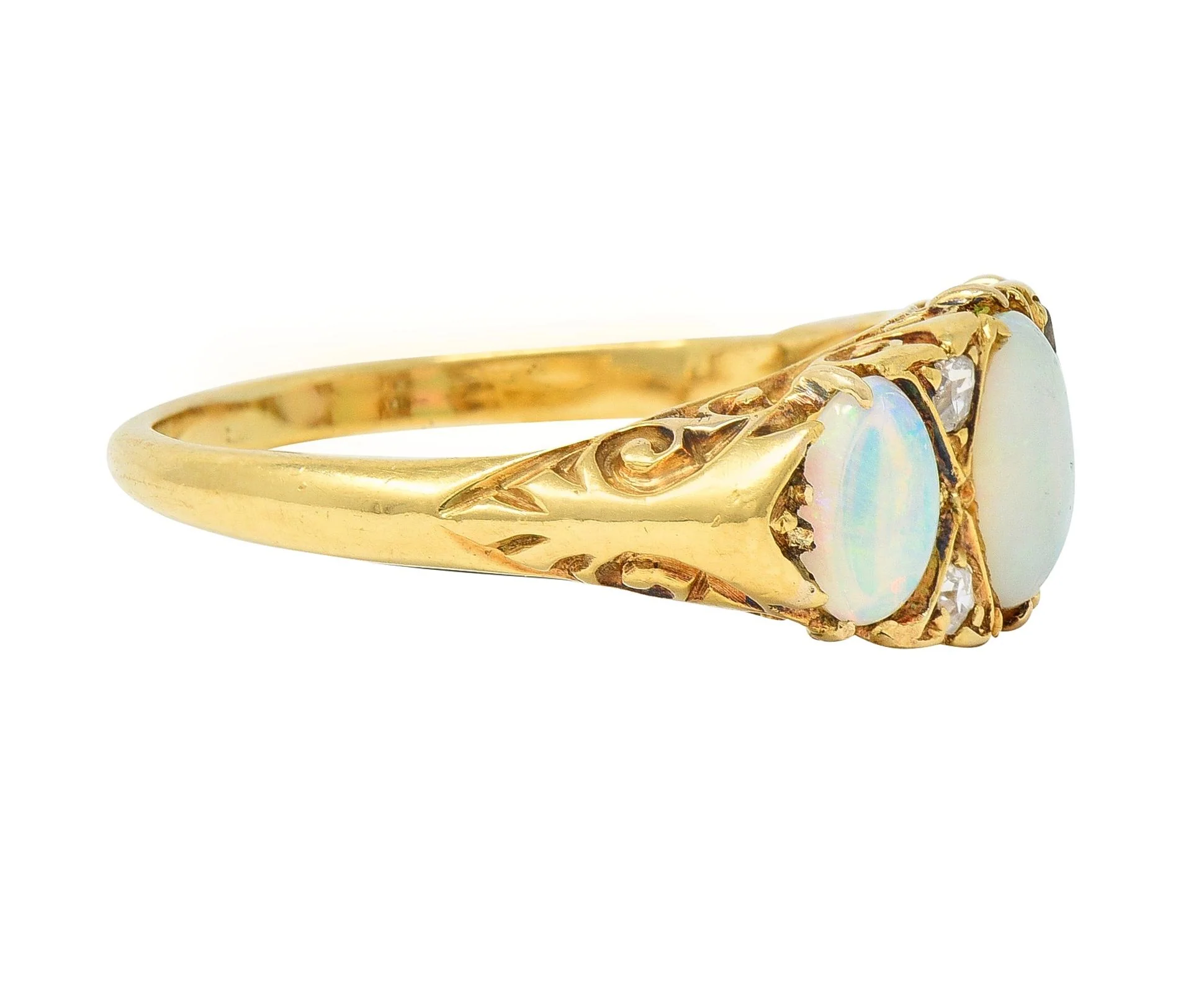 Victorian Opal Diamond 18 Karat Yellow Gold Antique Three Stone Band Ring - Image 4