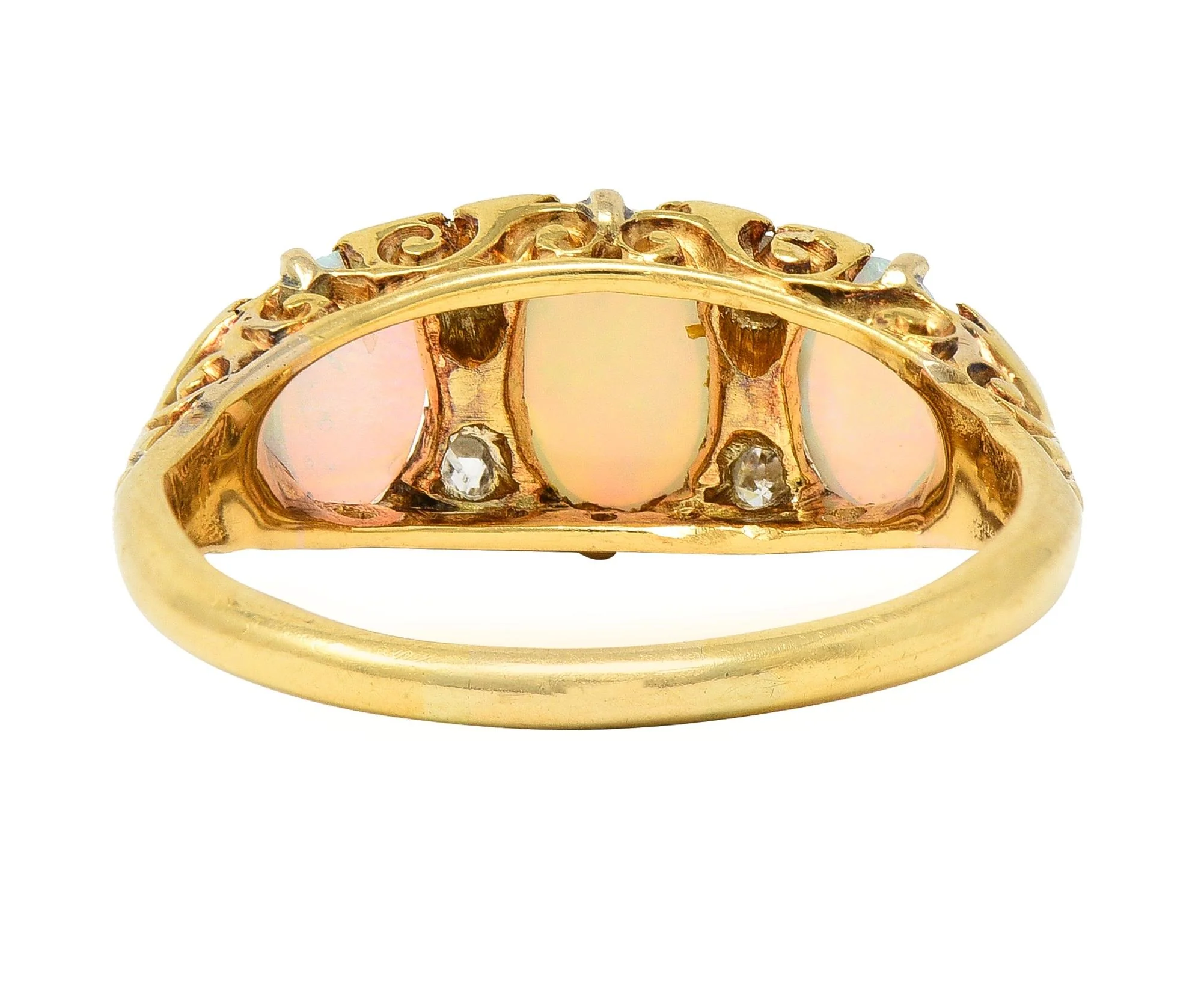 Victorian Opal Diamond 18 Karat Yellow Gold Antique Three Stone Band Ring - Image 5