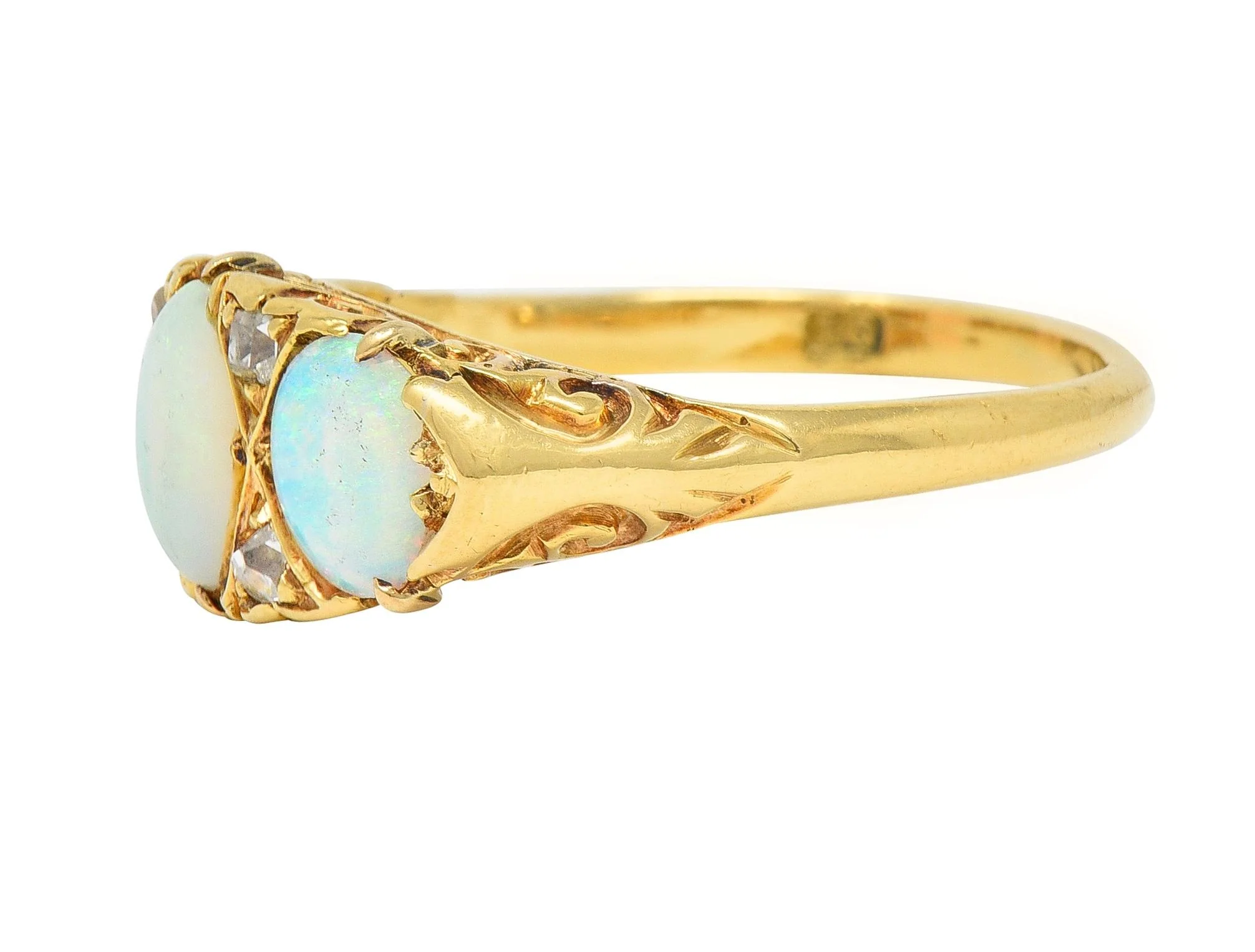 Victorian Opal Diamond 18 Karat Yellow Gold Antique Three Stone Band Ring - Image 6