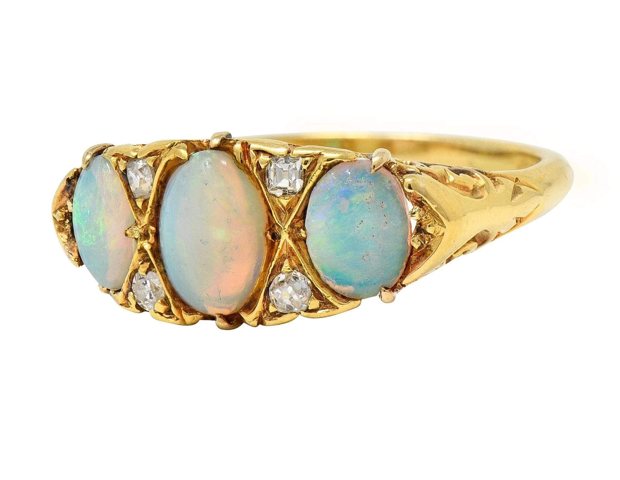 Victorian Opal Diamond 18 Karat Yellow Gold Antique Three Stone Band Ring - Image 7