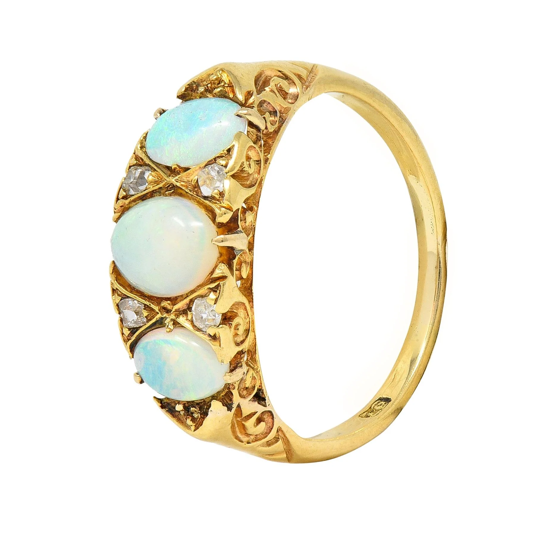 Victorian Opal Diamond 18 Karat Yellow Gold Antique Three Stone Band Ring - Image 9