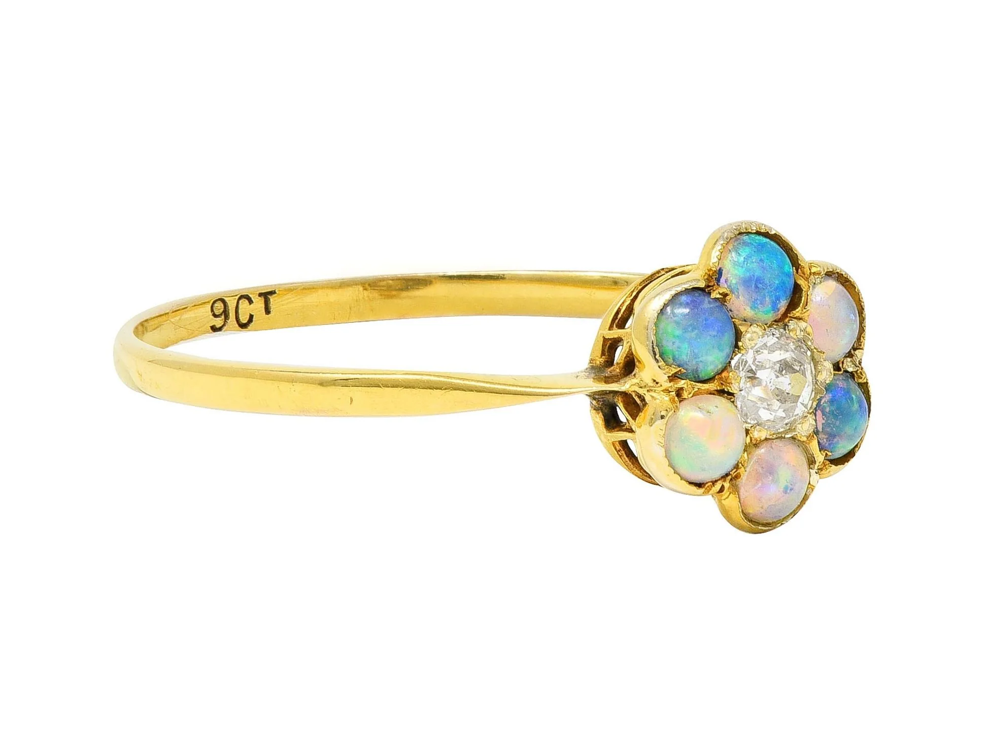 Victorian Opal Diamond 9 Karat Yellow Gold Antique Flower Cluster Ring - Image 2