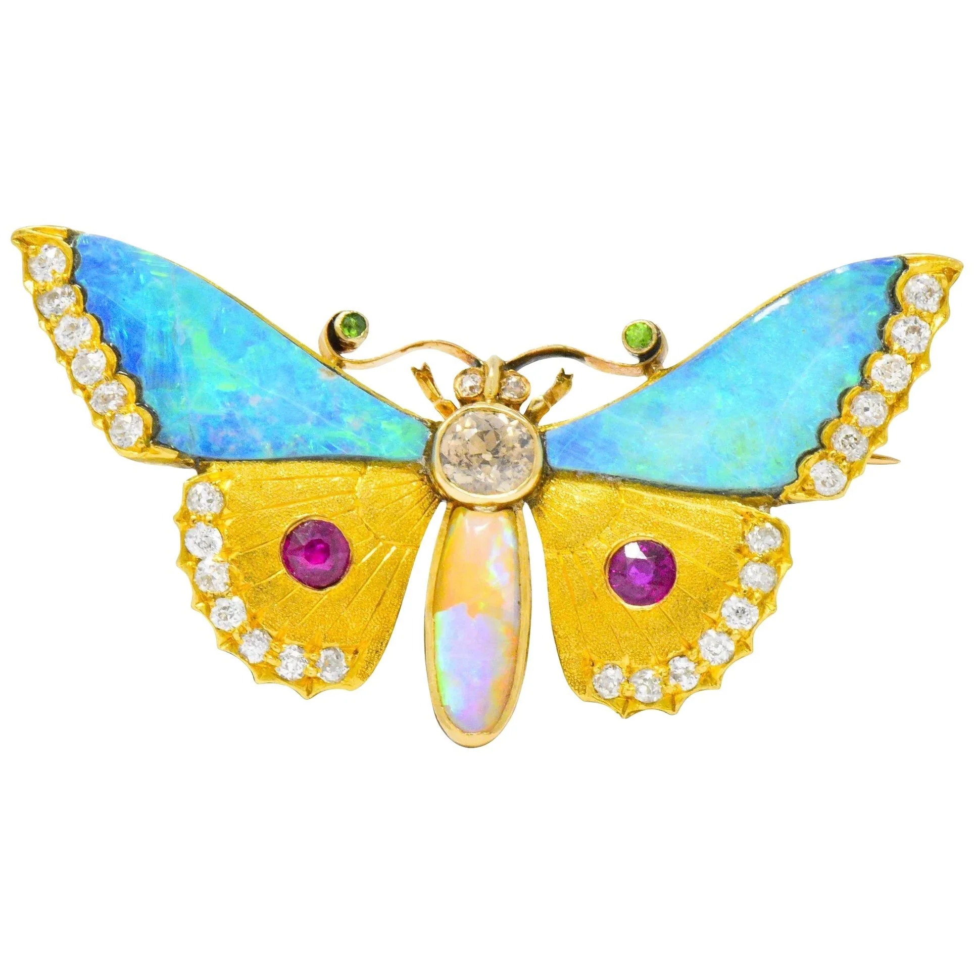 Victorian Opal Diamond Ruby Demantoid Garnet 14 Karat Gold Butterfly Brooch