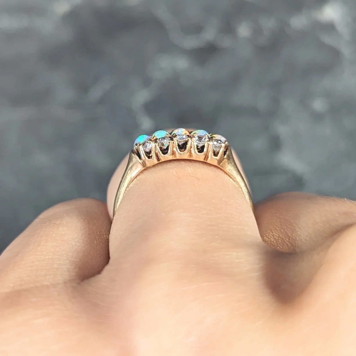 Victorian Opal Old European Cut Diamond 14 Karat Yellow Gold Antique Gemstone Ring - Image 12