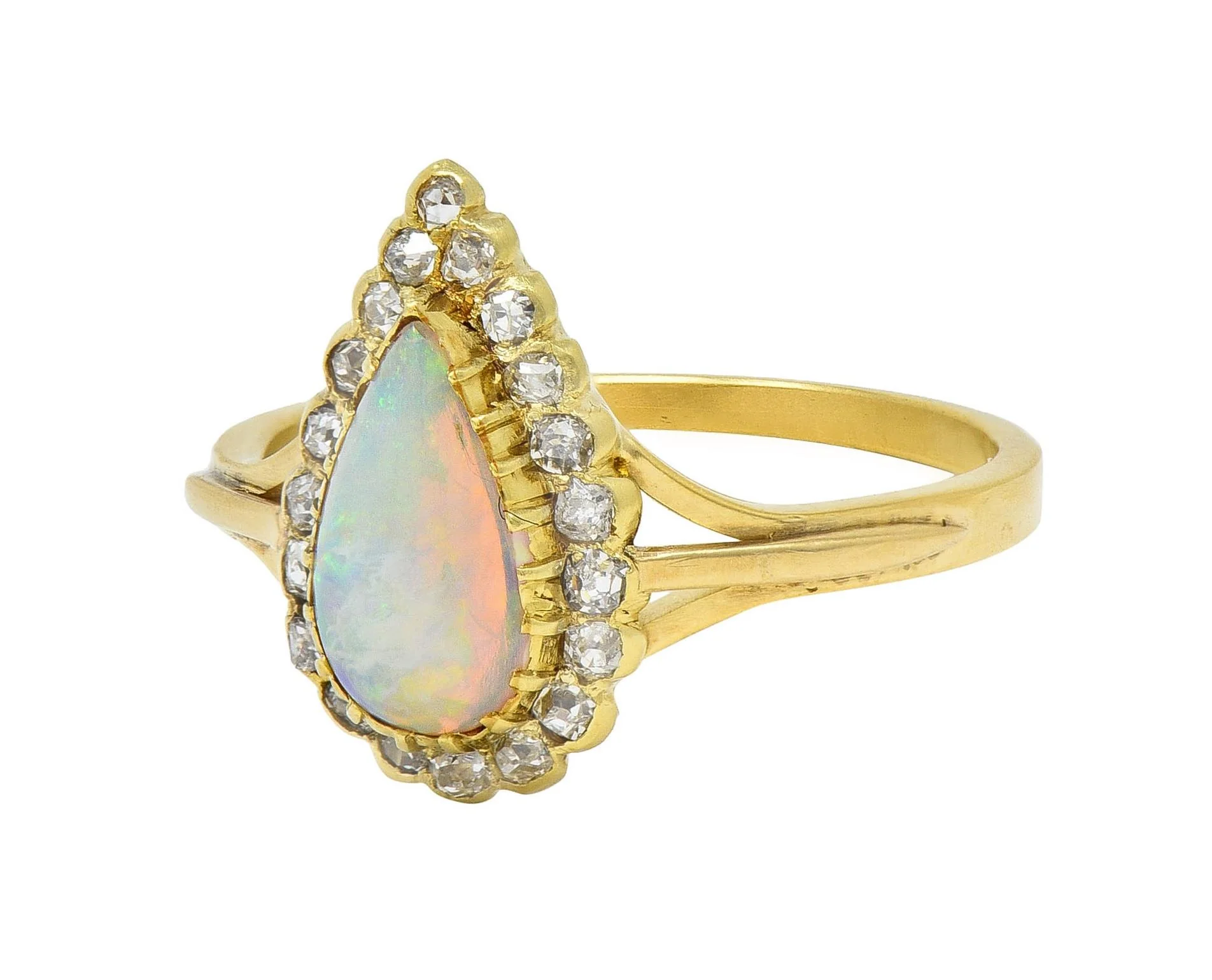 Victorian Opal Pear Cabochon Old Mine Diamond 18 Karat Yellow Gold Antique Halo Ring - Image 6
