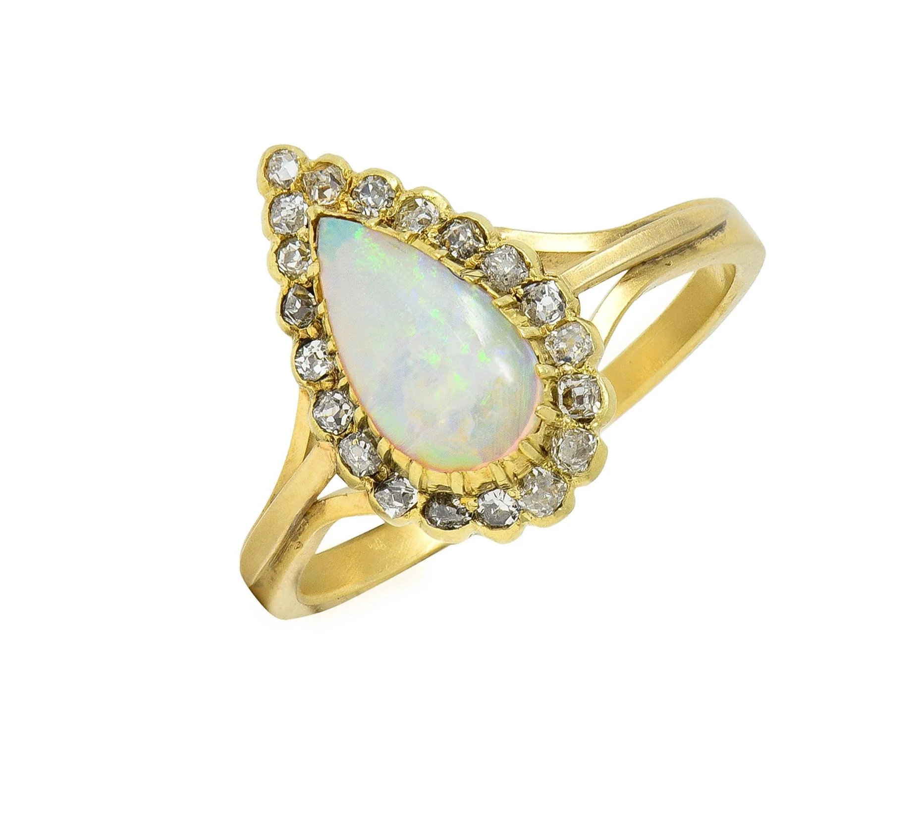 Victorian Opal Pear Cabochon Old Mine Diamond 18 Karat Yellow Gold Antique Halo Ring - Image 8