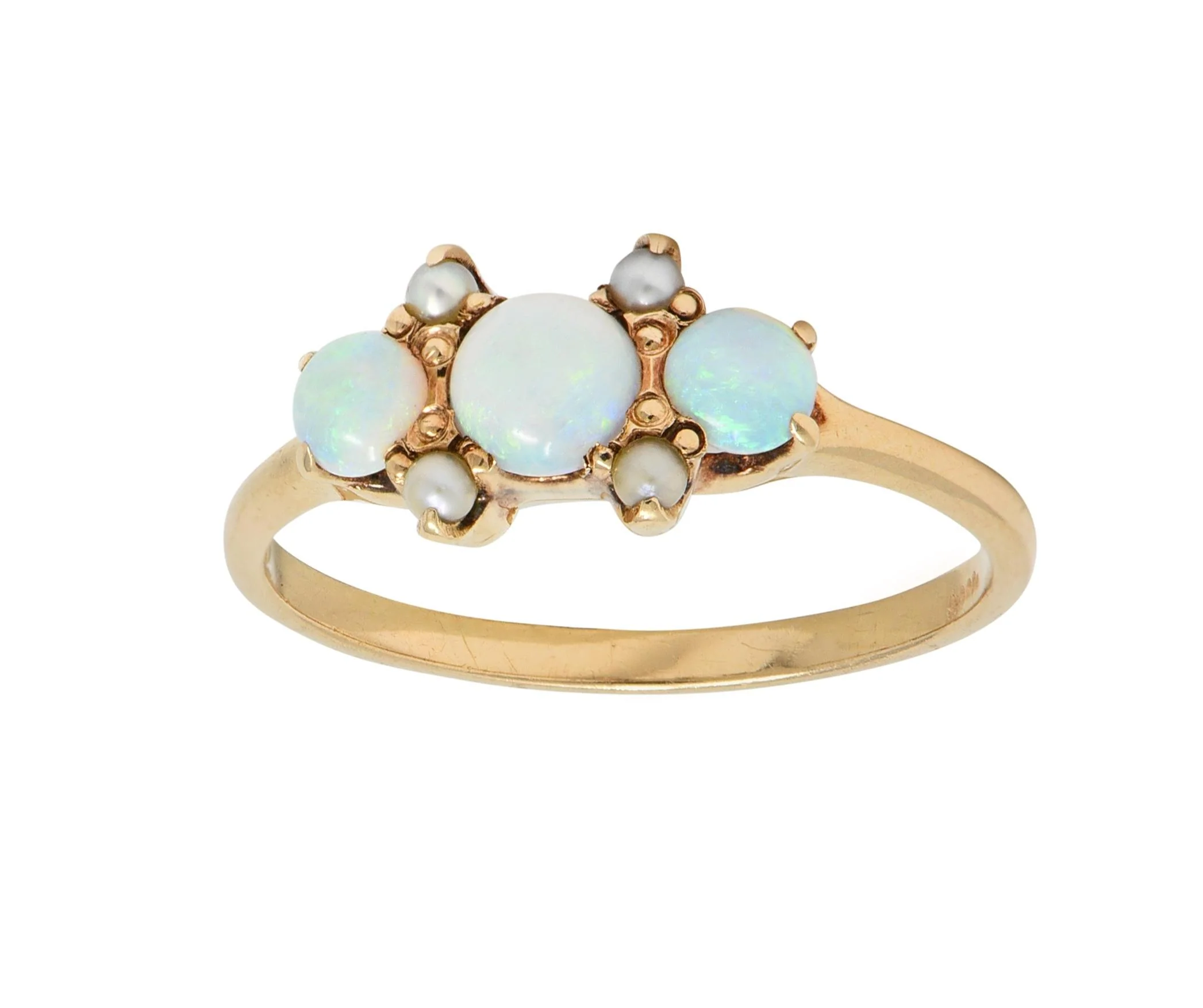 Victorian Opal Pearl 14 Karat Yellow Gold Three Stone Antique Ring - Image 11