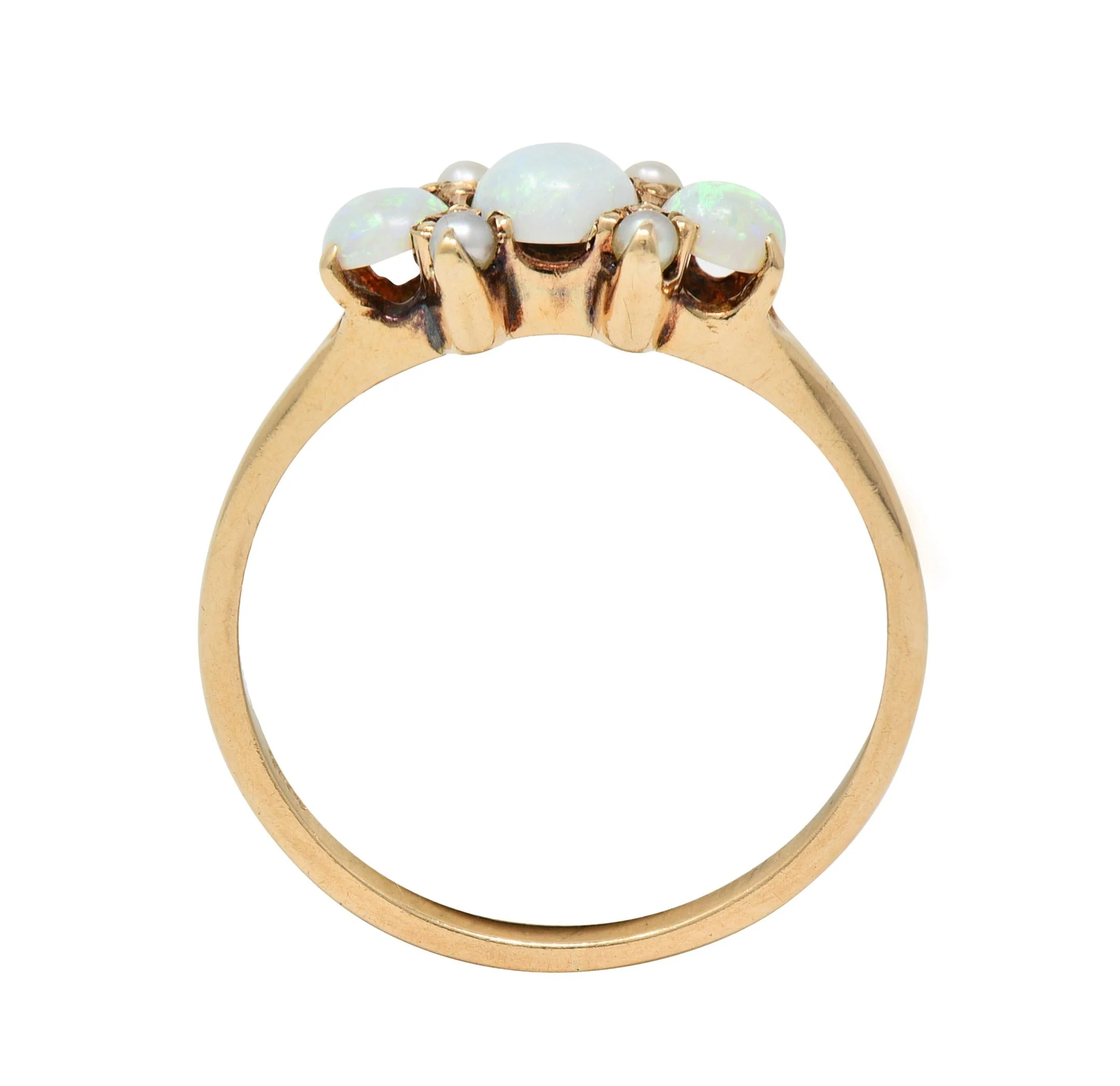 Victorian Opal Pearl 14 Karat Yellow Gold Three Stone Antique Ring - Image 12