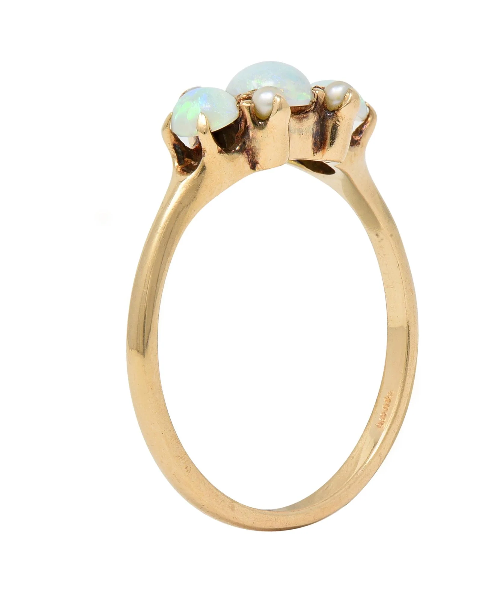 Victorian Opal Pearl 14 Karat Yellow Gold Three Stone Antique Ring - Image 13