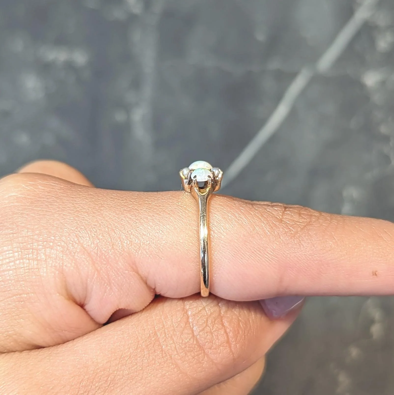 Victorian Opal Pearl 14 Karat Yellow Gold Three Stone Antique Ring - Image 17