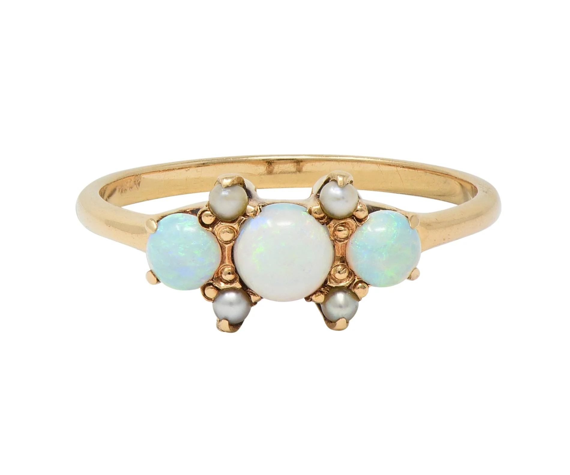Victorian Opal Pearl 14 Karat Yellow Gold Three Stone Antique Ring - Image 9