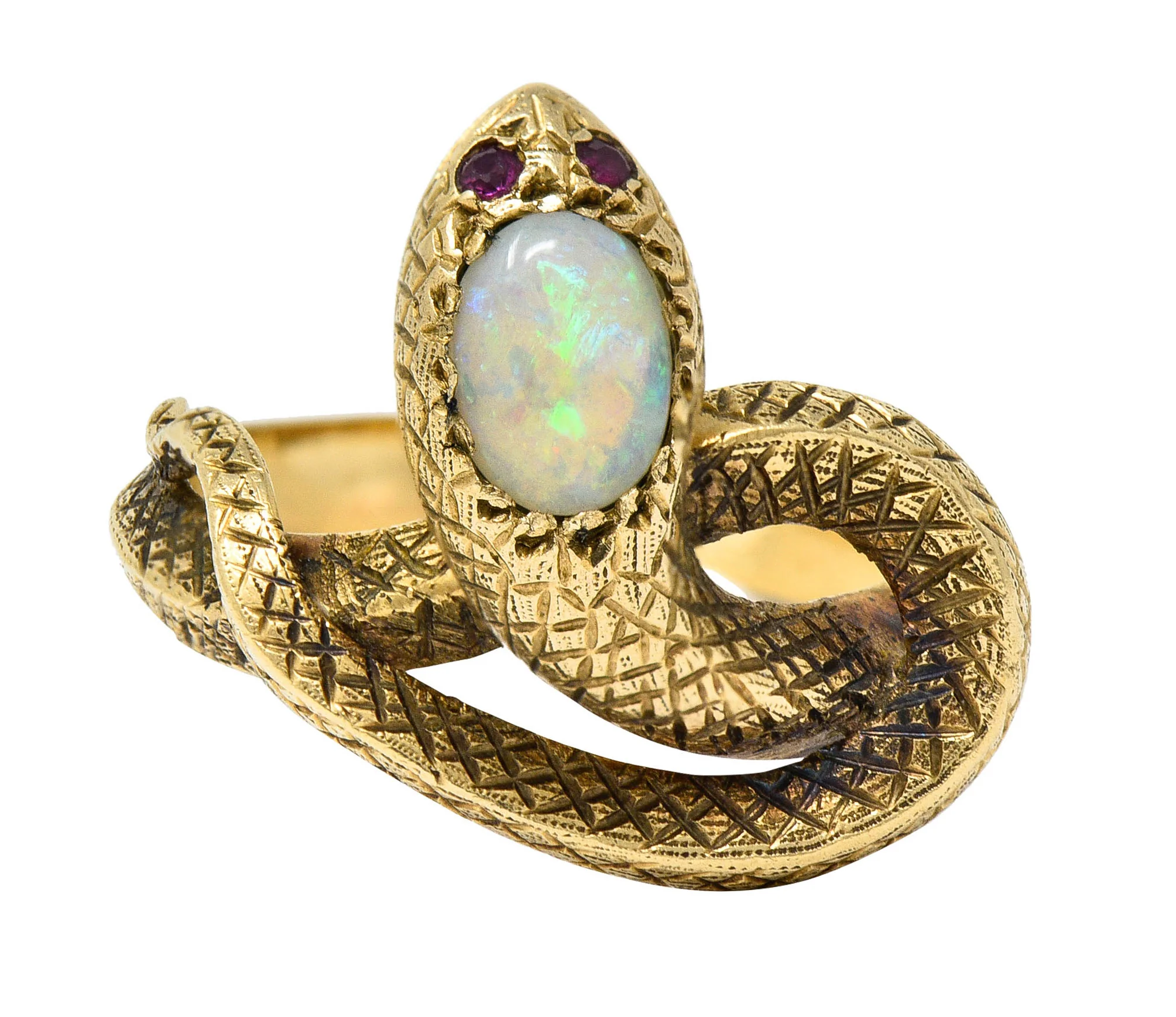 Victorian Opal Ruby 14 Karat Gold Snake Band Ring