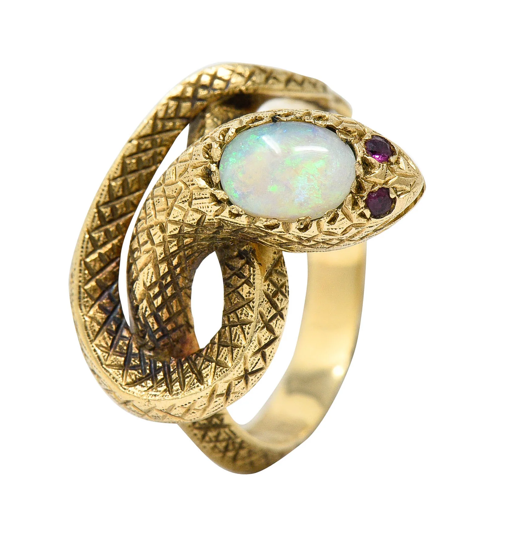 Victorian Opal Ruby 14 Karat Gold Snake Band Ring - Image 11