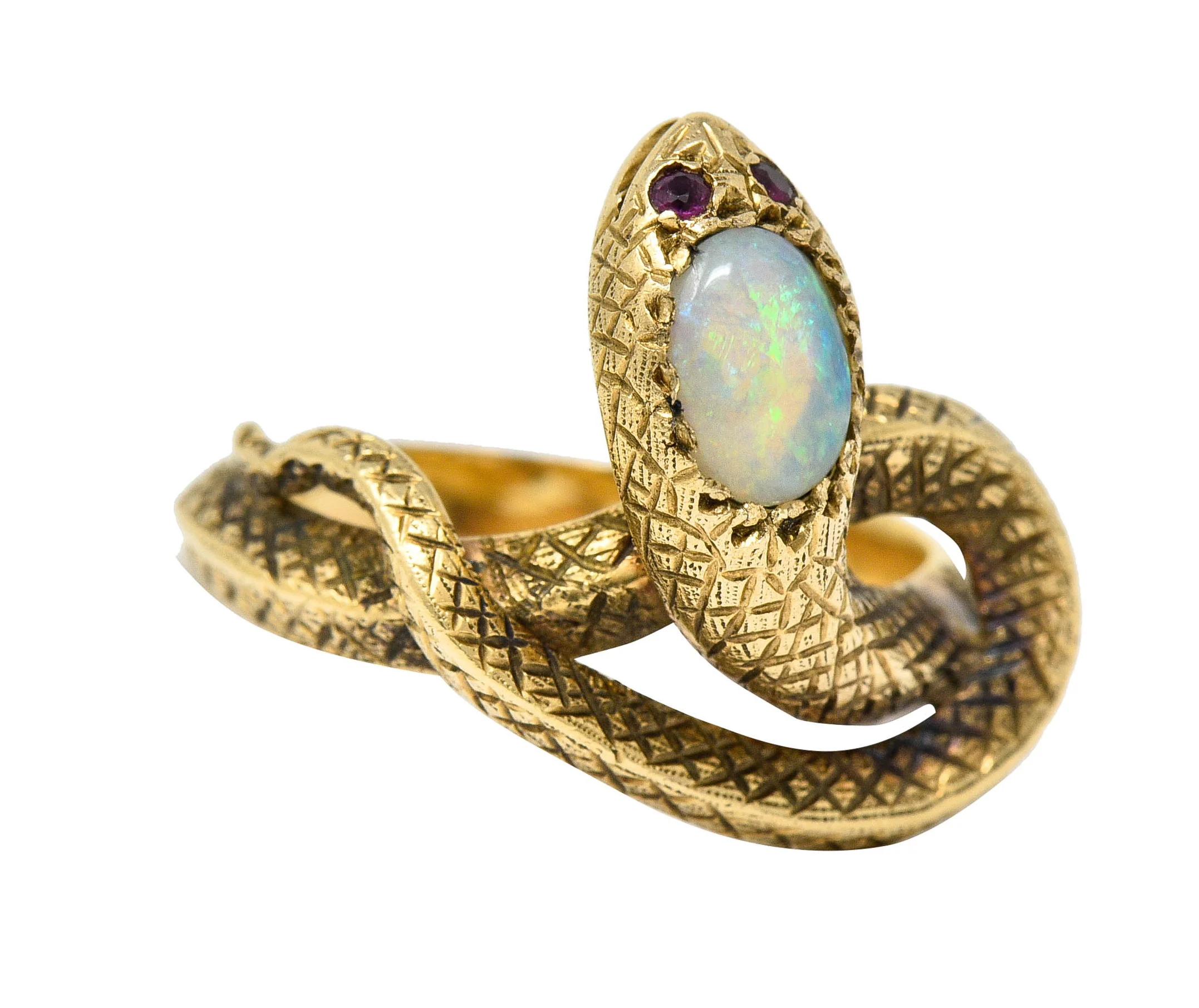 Victorian Opal Ruby 14 Karat Gold Snake Band Ring - Image 3