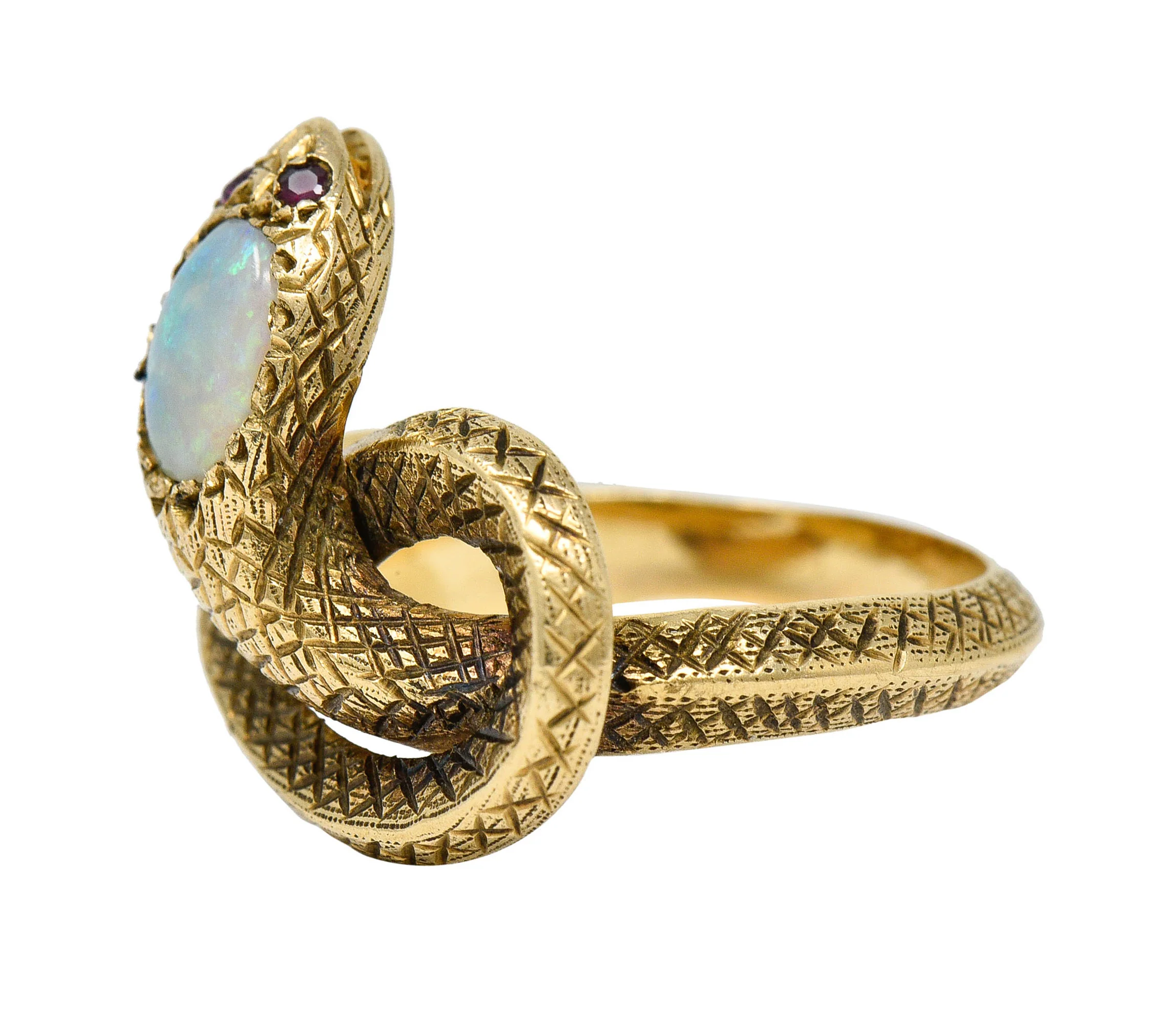 Victorian Opal Ruby 14 Karat Gold Snake Band Ring - Image 7
