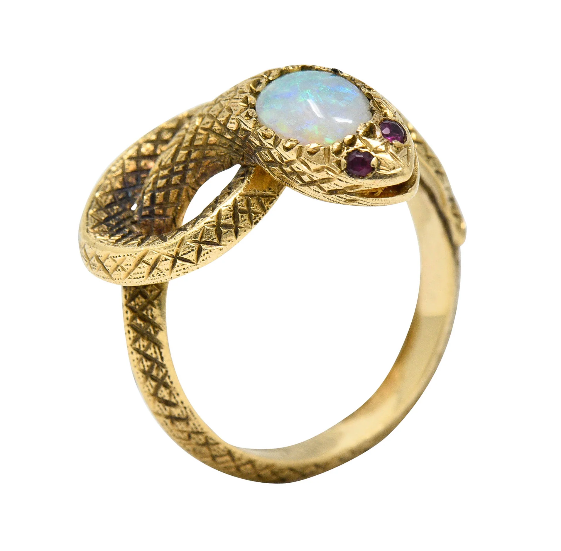 Victorian Opal Ruby 14 Karat Gold Snake Band Ring - Image 9