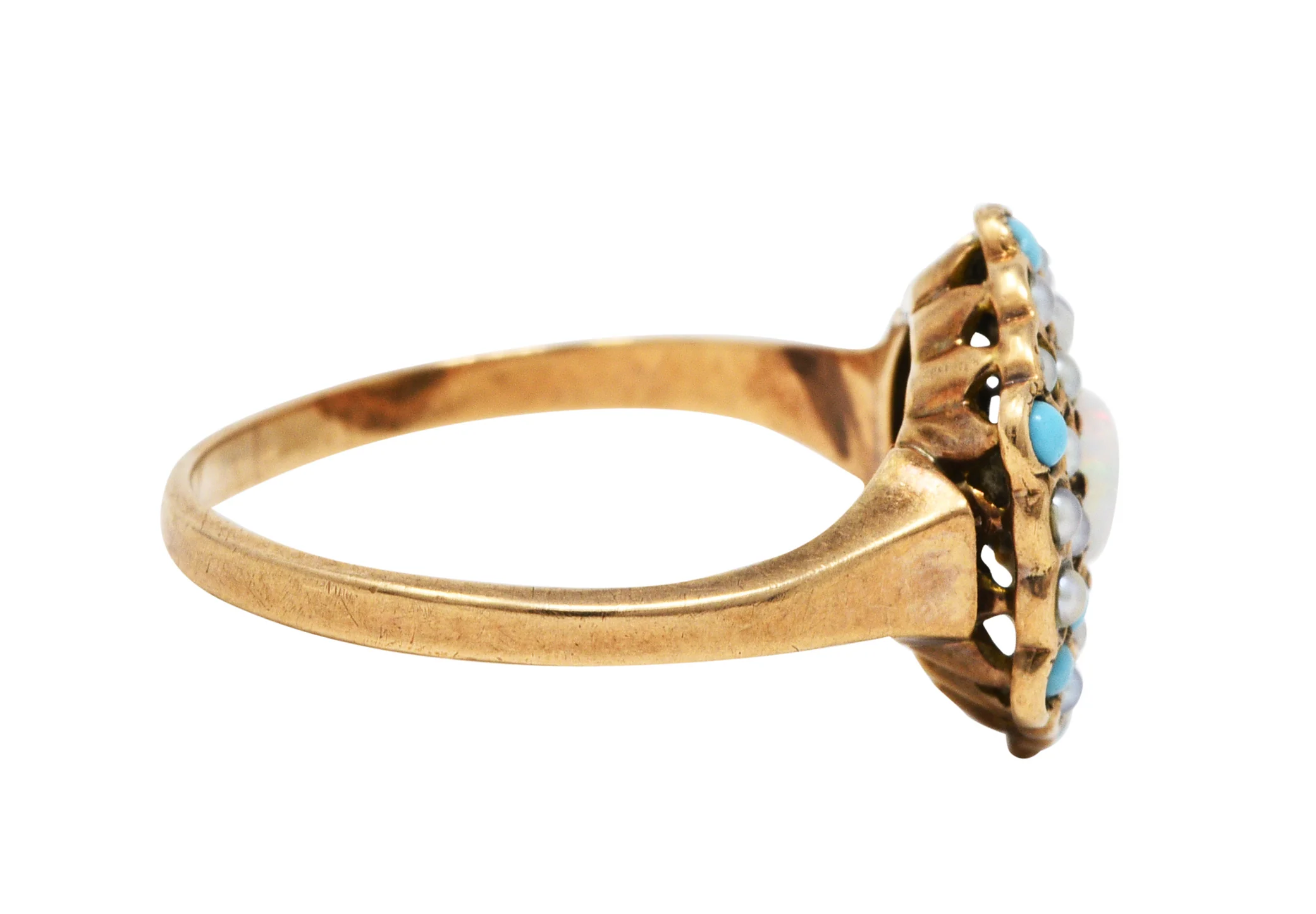 Victorian Opal Turquoise Seed Pearl 14 Karat Gold Cluster Ring - Image 3