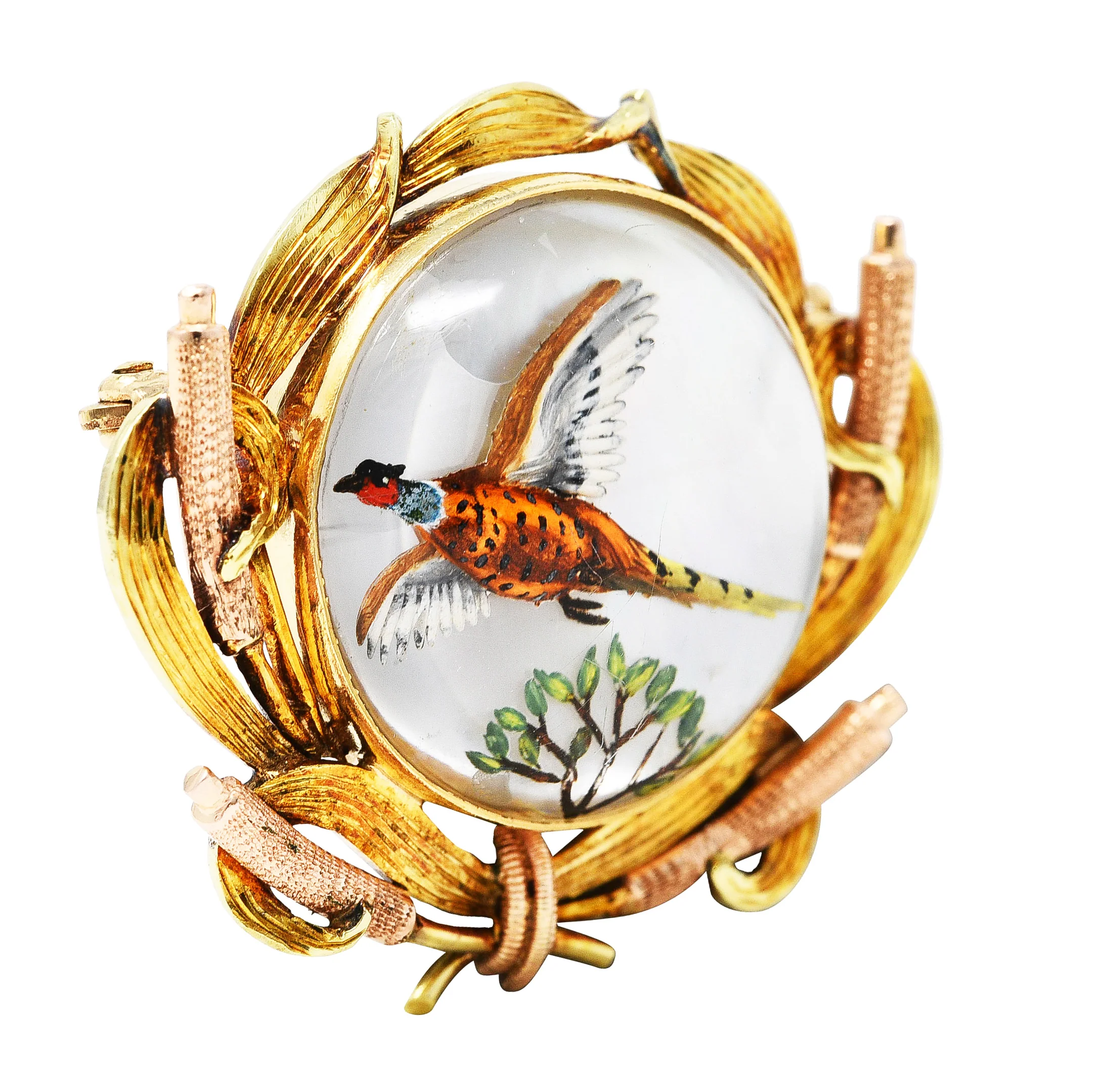 Victorian Painted Essex Crystal Mother-Of-Pearl 14 Karat Two-Tone Gold Pheasant Cattail Antique Brooch - Image 2