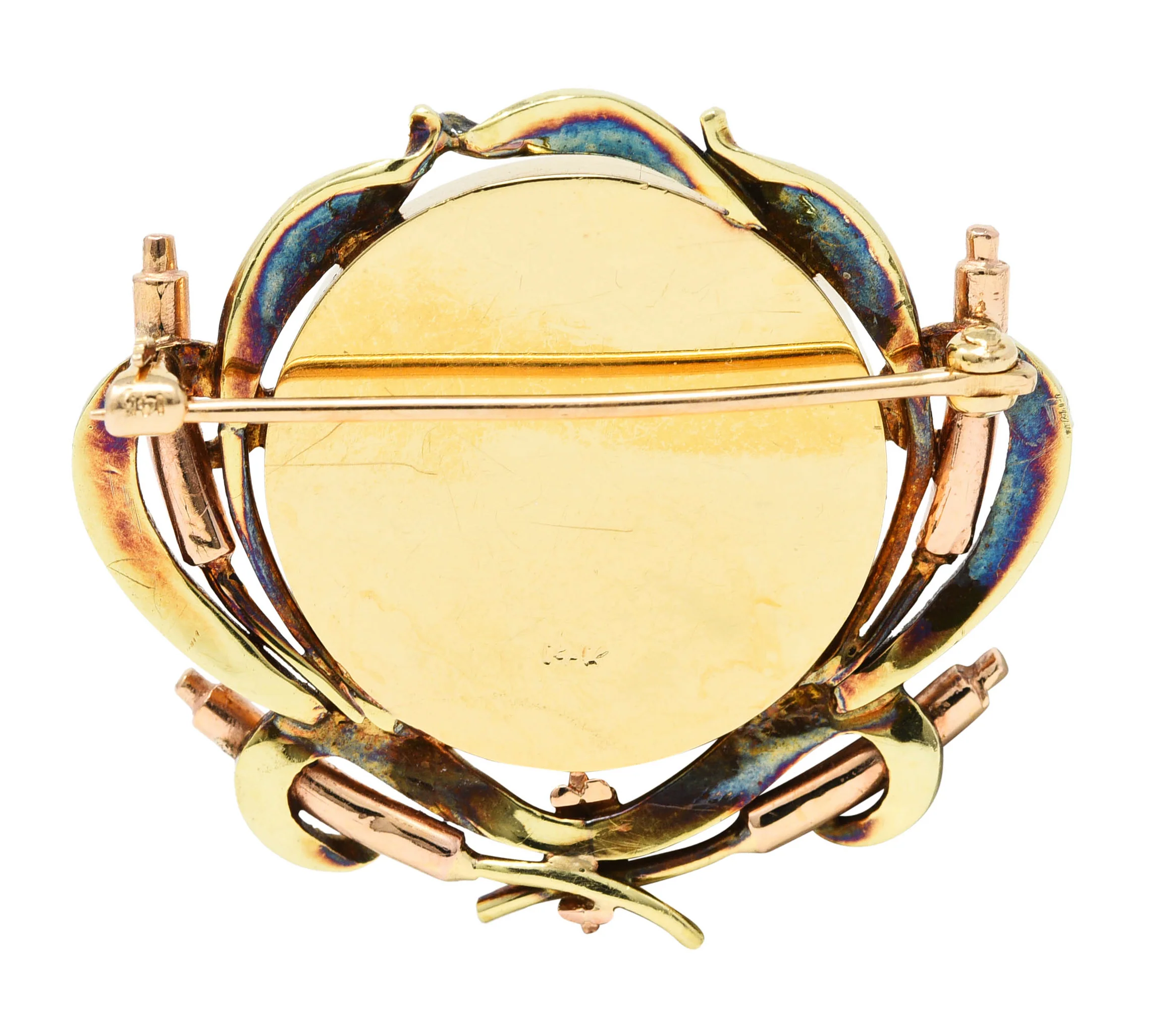 Victorian Painted Essex Crystal Mother-Of-Pearl 14 Karat Two-Tone Gold Pheasant Cattail Antique Brooch - Image 3