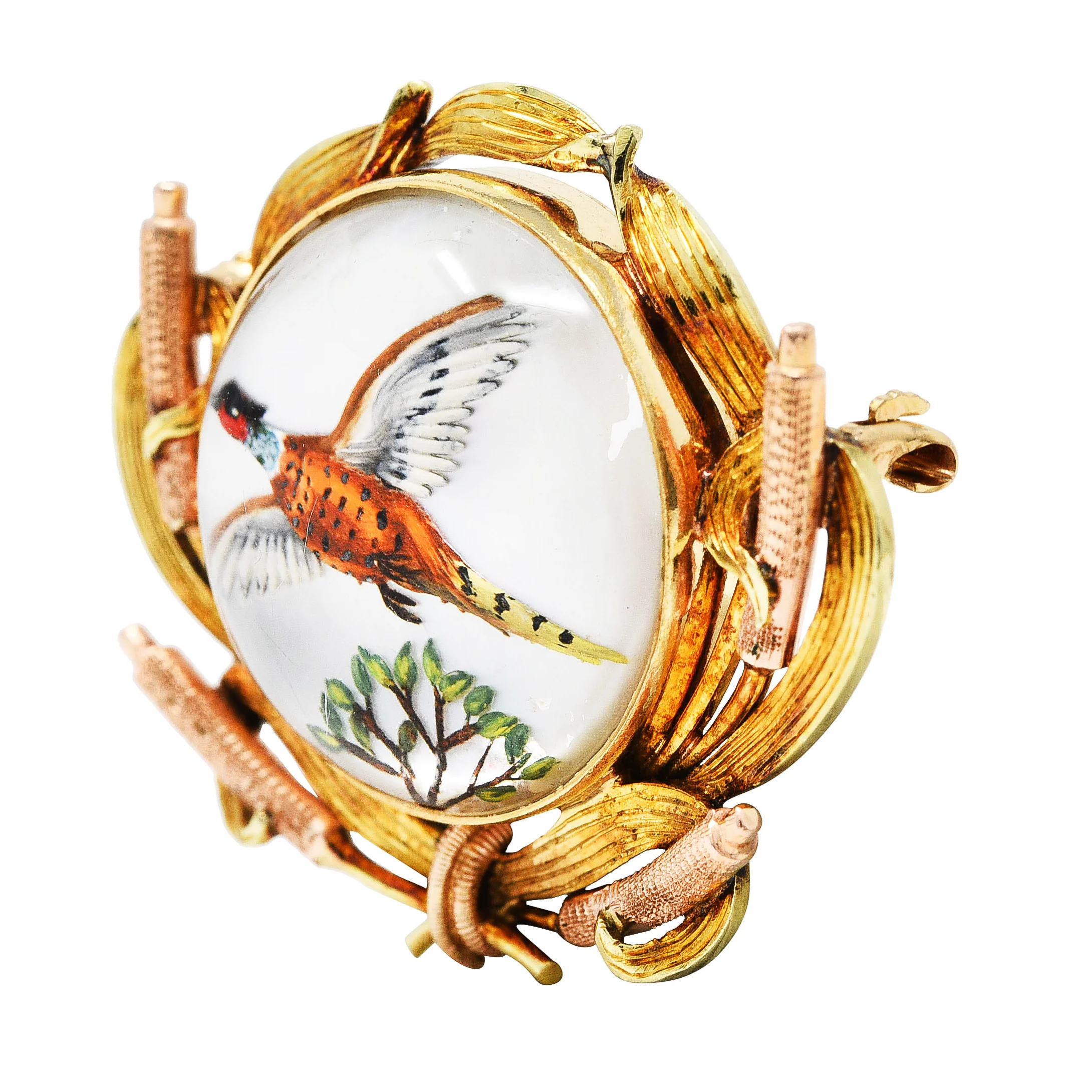 Victorian Painted Essex Crystal Mother-Of-Pearl 14 Karat Two-Tone Gold Pheasant Cattail Antique Brooch - Image 4