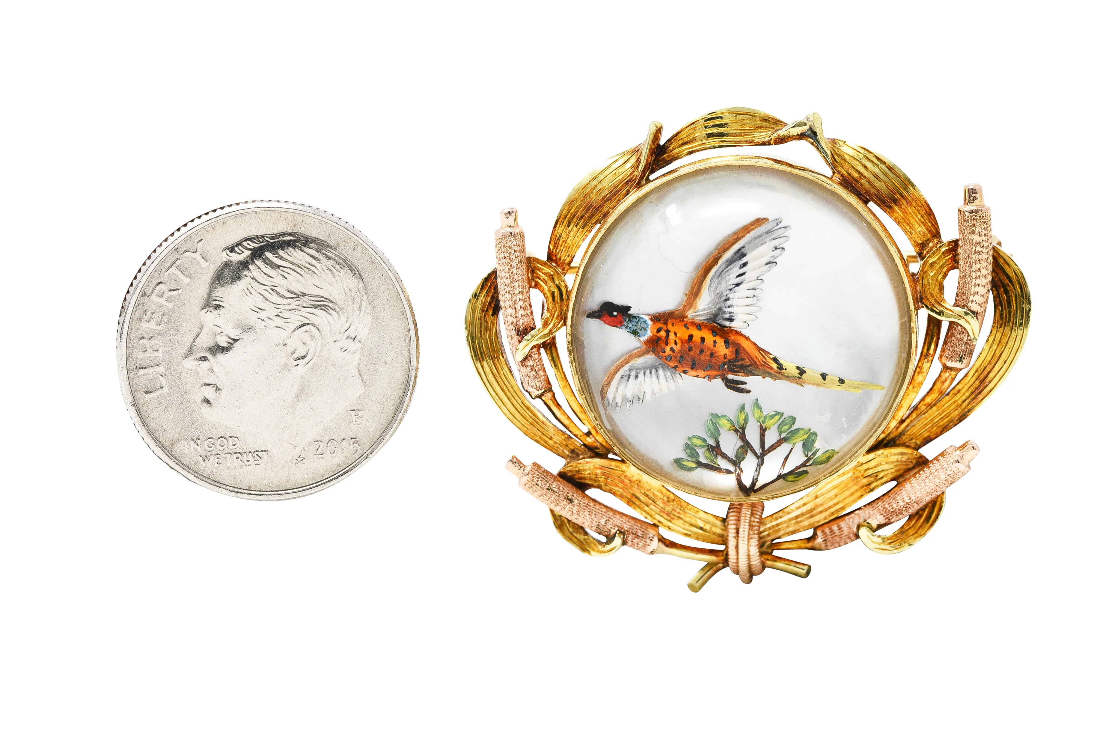 Victorian Painted Essex Crystal Mother-Of-Pearl 14 Karat Two-Tone Gold Pheasant Cattail Antique Brooch - Image 6