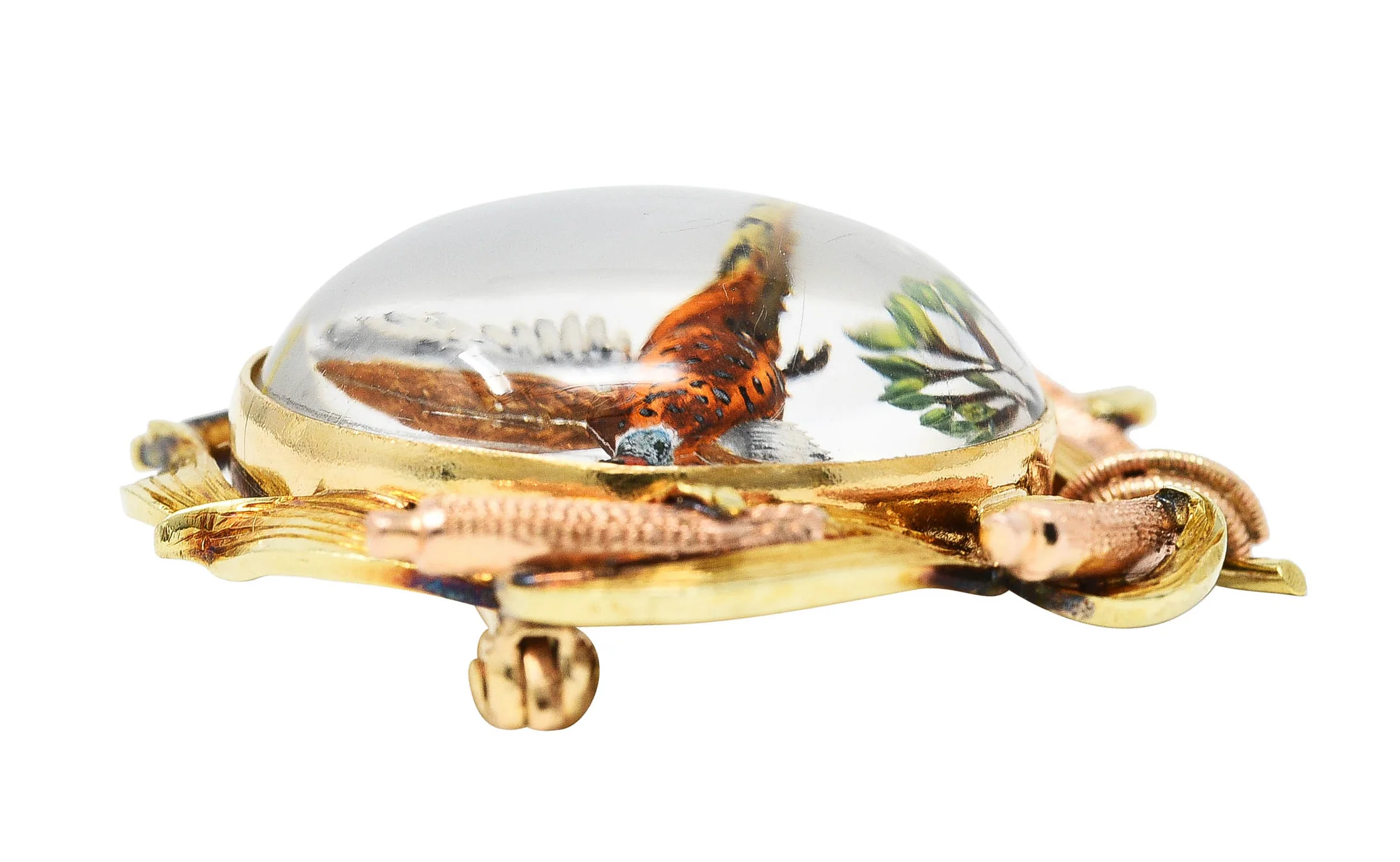 Victorian Painted Essex Crystal Mother-Of-Pearl 14 Karat Two-Tone Gold Pheasant Cattail Antique Brooch - Image 7