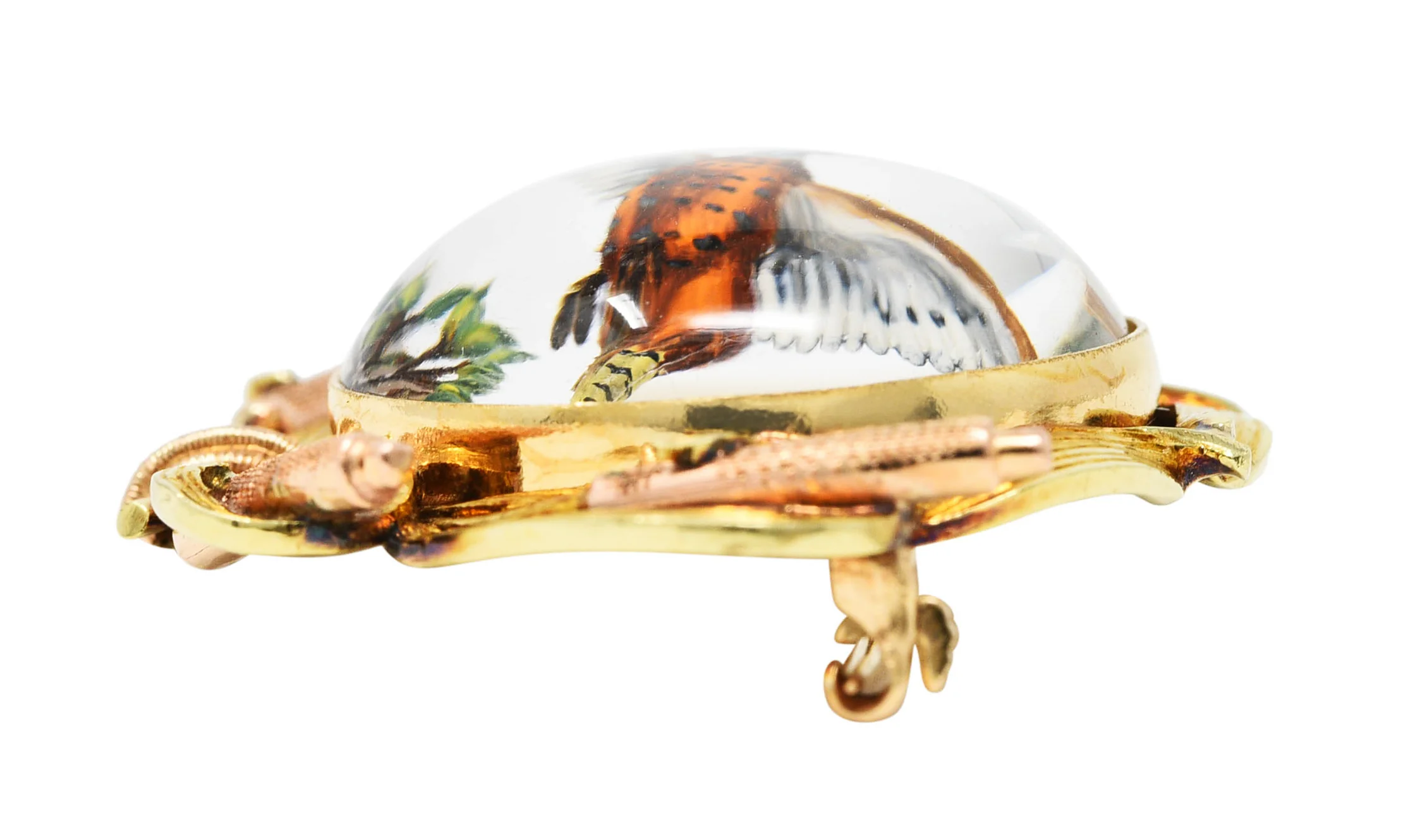 Victorian Painted Essex Crystal Mother-Of-Pearl 14 Karat Two-Tone Gold Pheasant Cattail Antique Brooch - Image 8