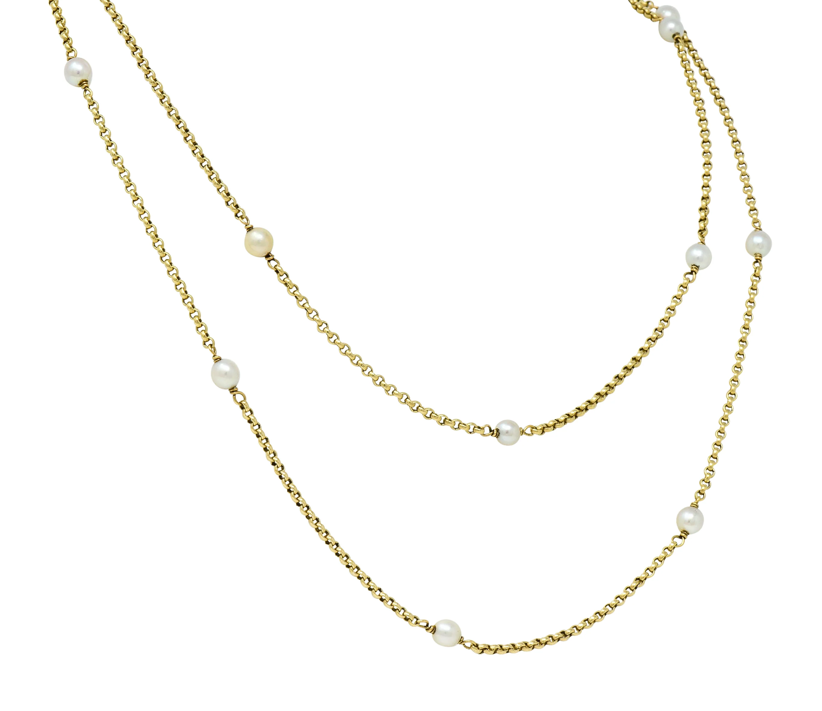 Victorian Pearl 14 Karat Gold 47 Inch Long Chain Station Necklace - Image 7