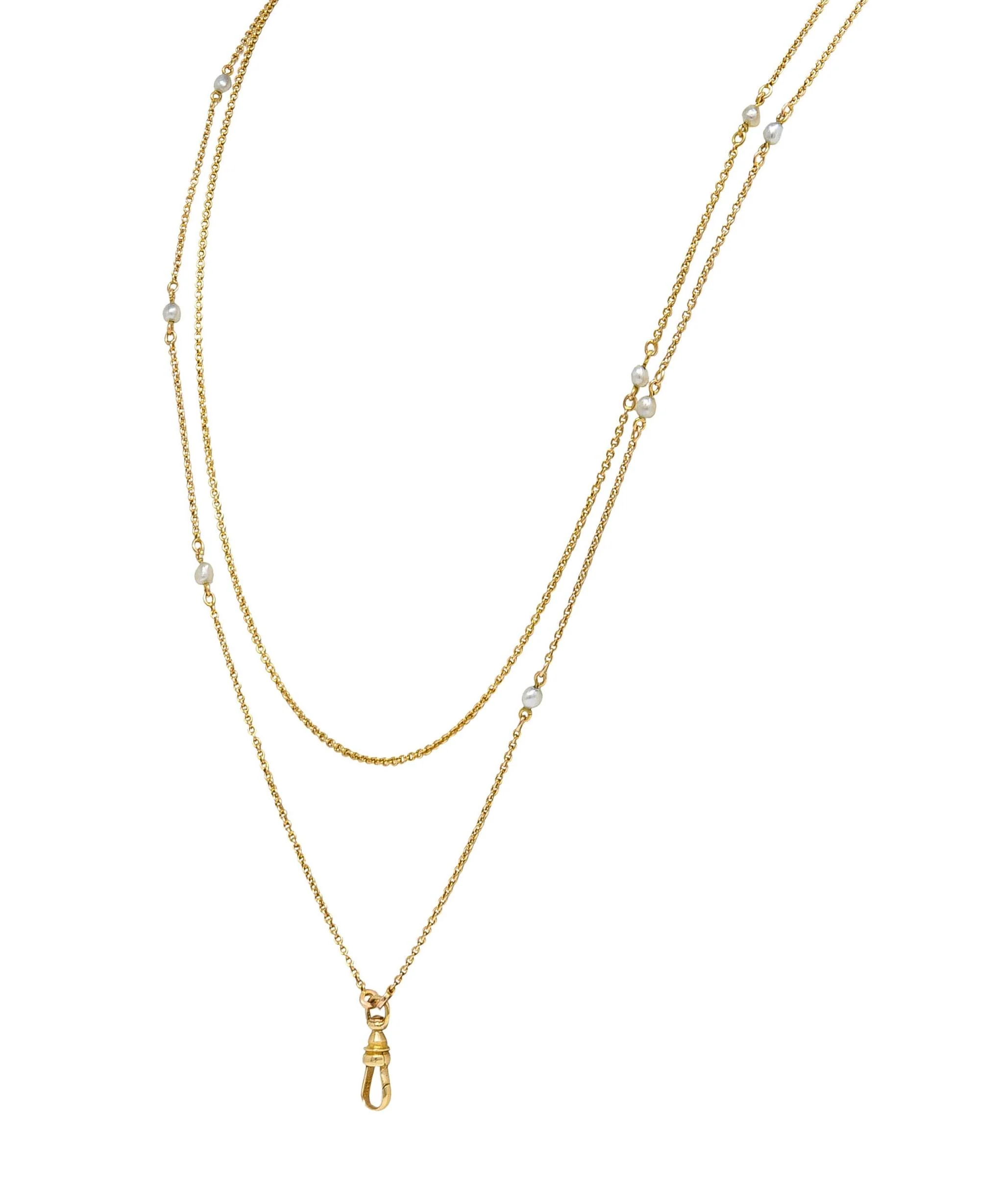 Victorian Pearl 14 Karat Yellow Gold Antique Station Fob Chain Necklace - Image 4