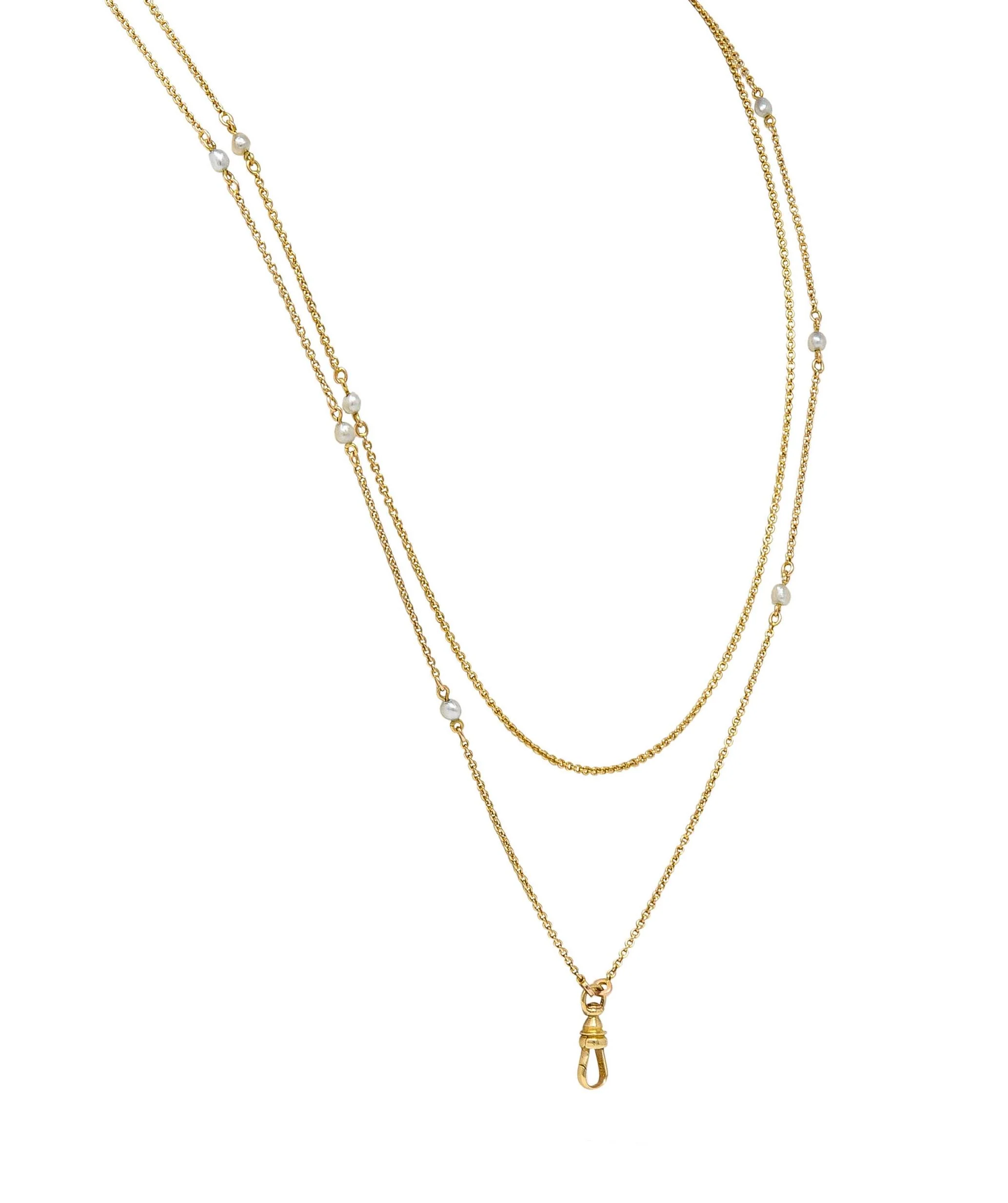 Victorian Pearl 14 Karat Yellow Gold Antique Station Fob Chain Necklace - Image 6