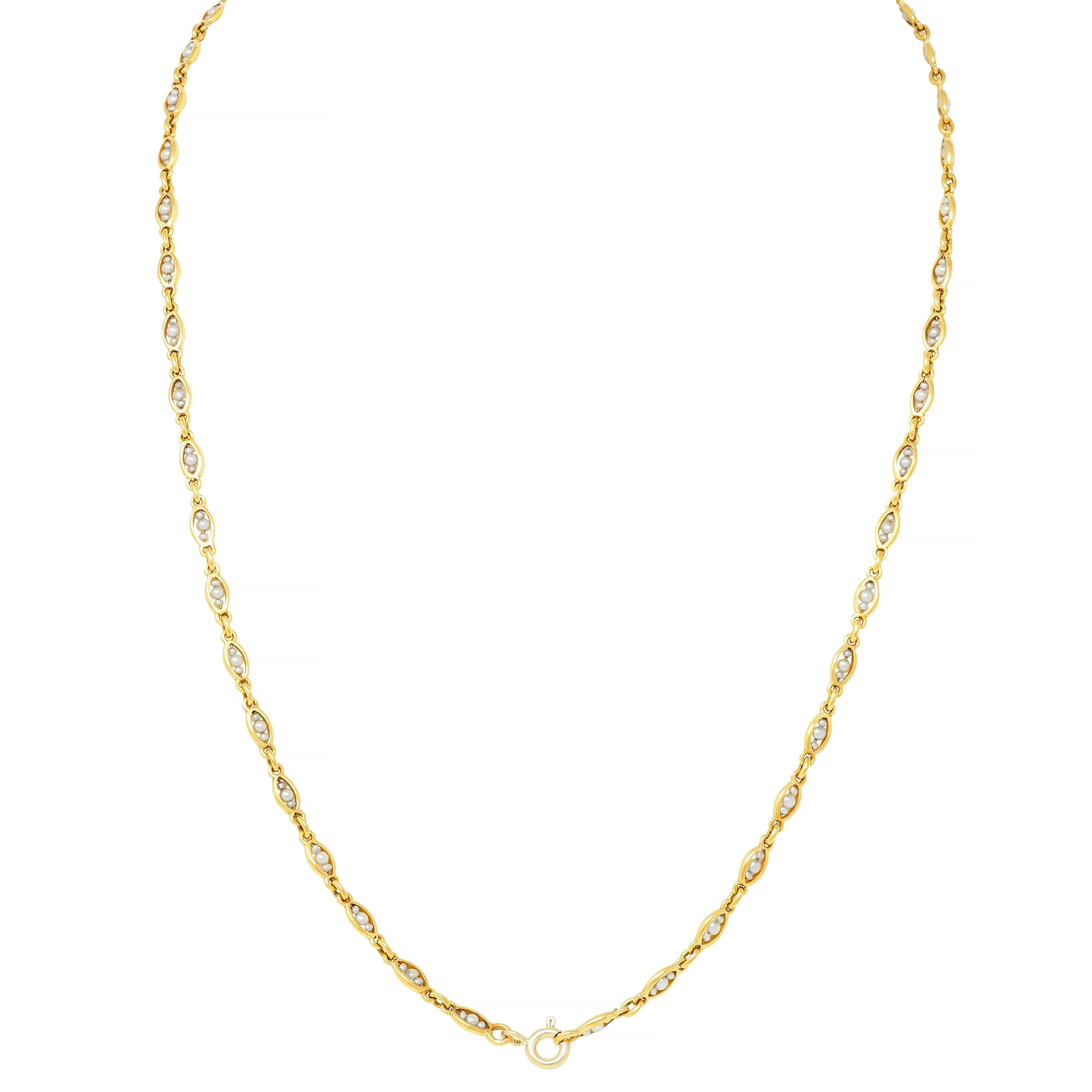 Victorian Pearl 18 Karat Yellow Gold Antique Navette Link Collar Chain Necklace - Image 5