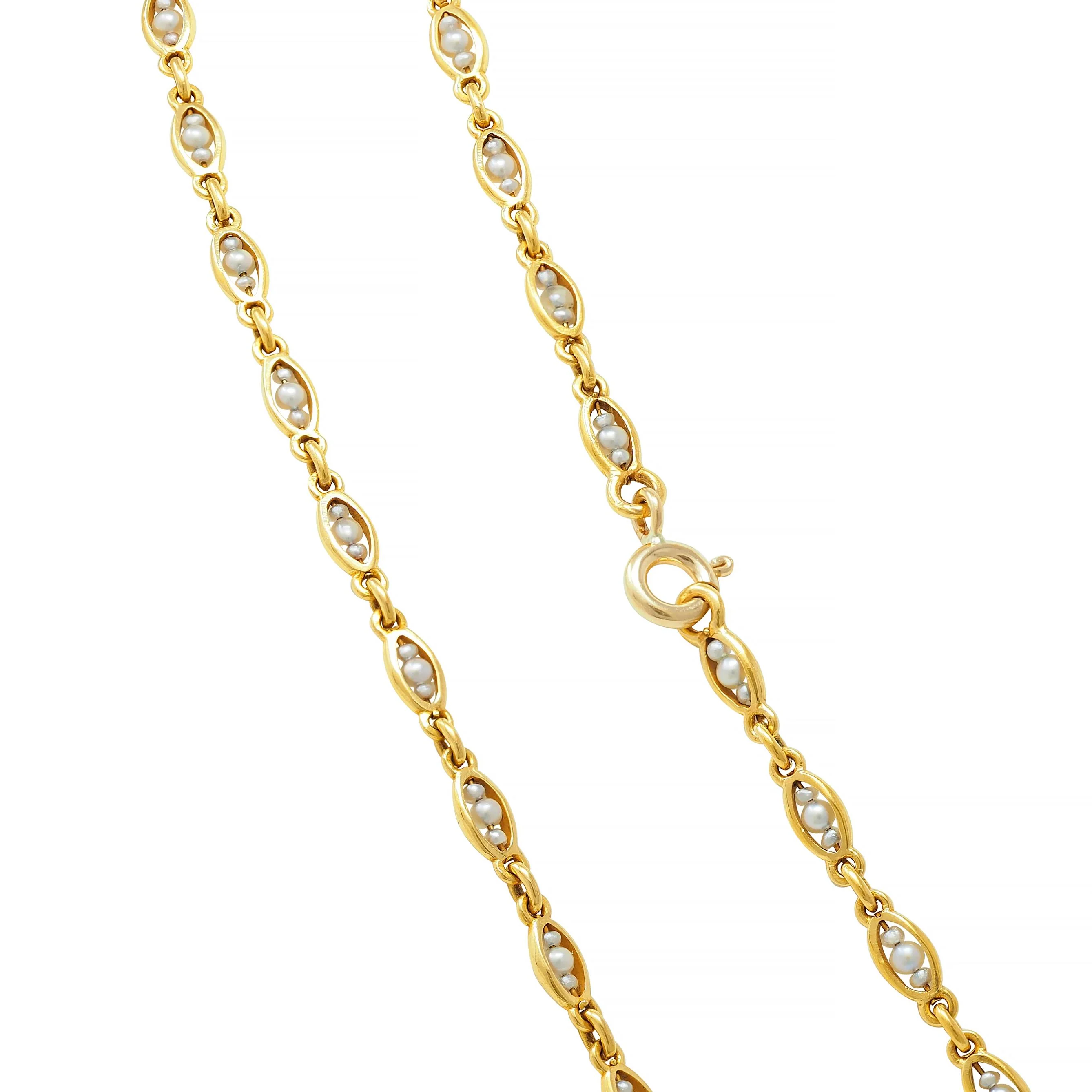 Victorian Pearl 18 Karat Yellow Gold Antique Navette Link Collar Chain Necklace - Image 7
