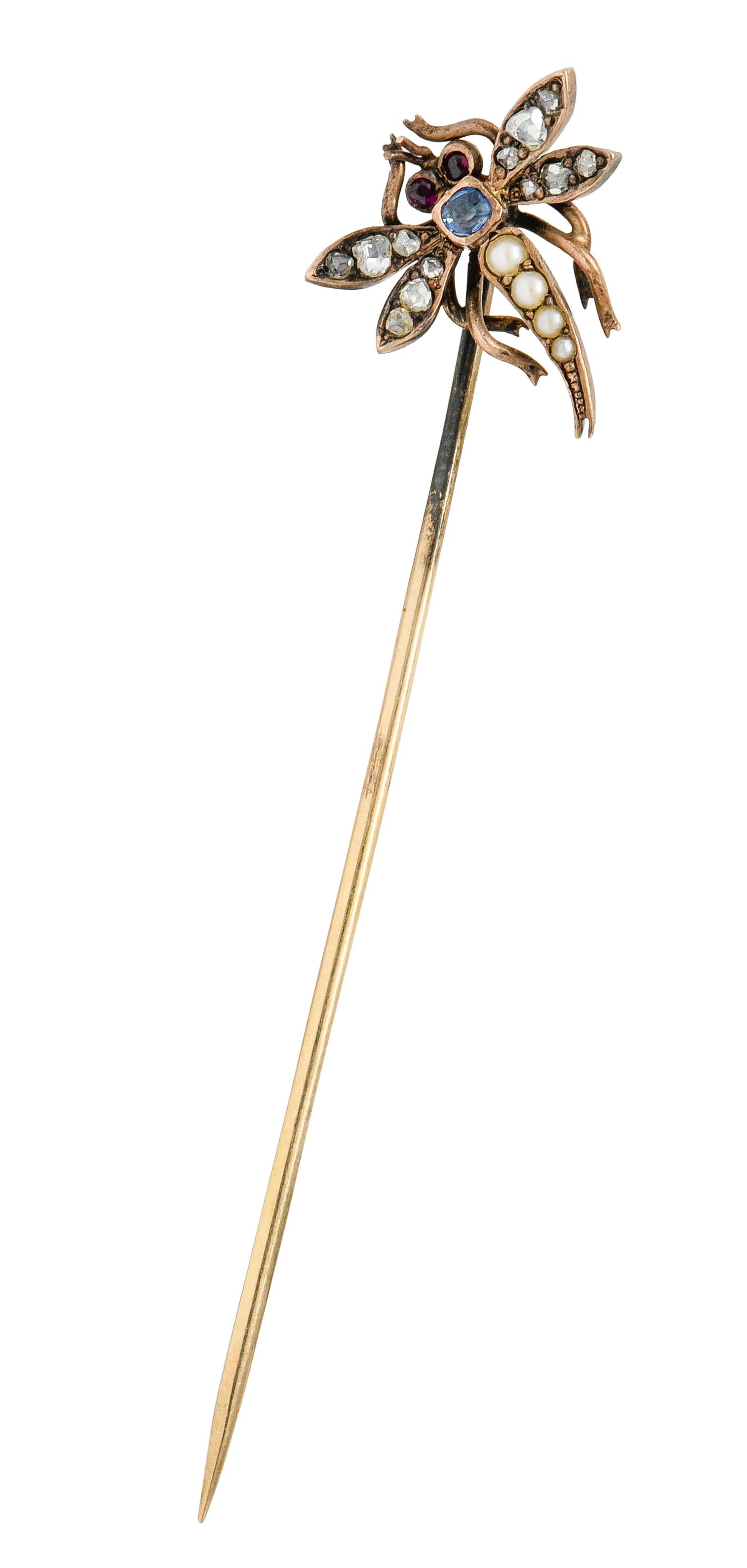 Victorian Pearl Diamond Sapphire Ruby 14 Karat Rose Gold Dragonfly Stickpin - Image 2