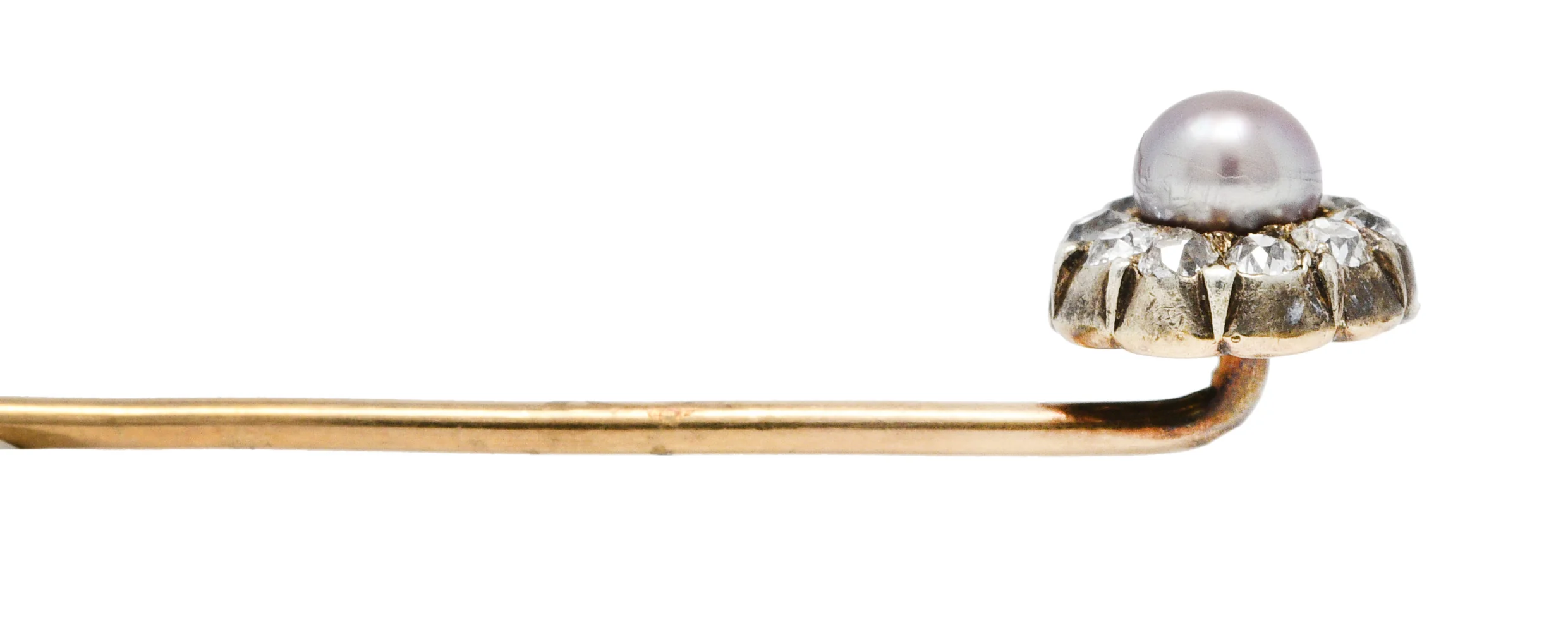 Victorian Pearl Diamond Silver-Topped 14 Karat Gold Cluster Stickpin - Image 4