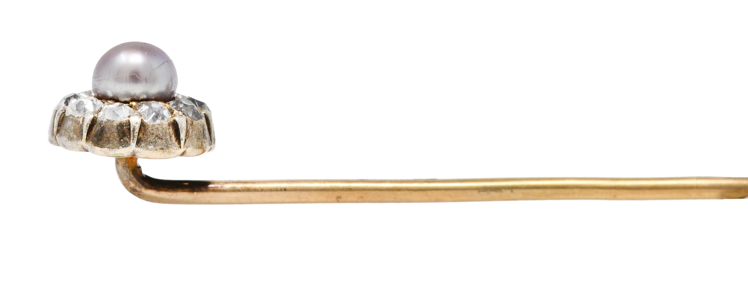 Victorian Pearl Diamond Silver-Topped 14 Karat Gold Cluster Stickpin - Image 5