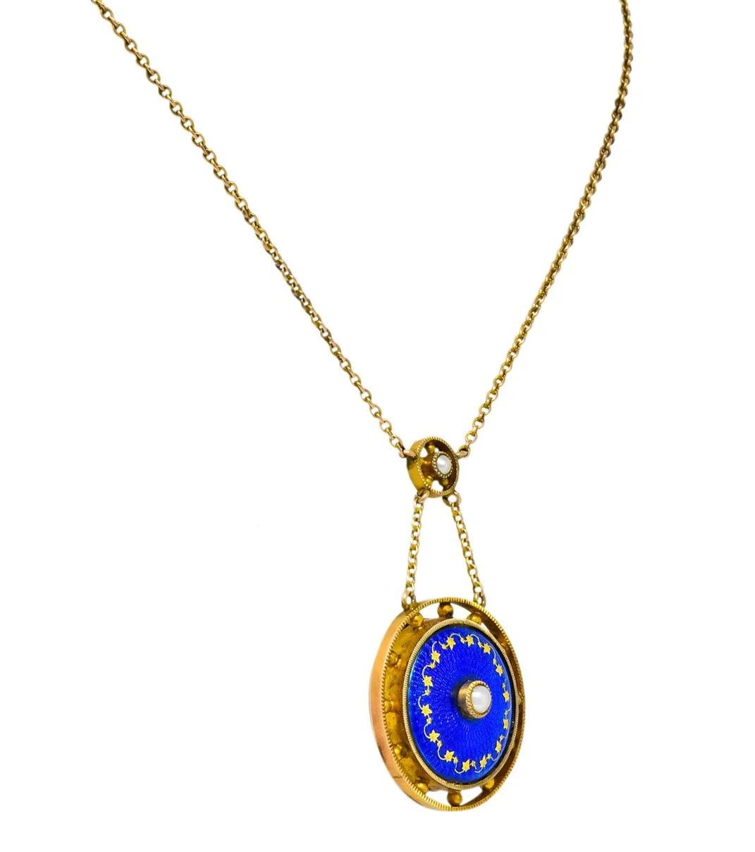 Victorian Pearl Enamel 14 Karat Yellow Gold Pendant Necklace - Image 3