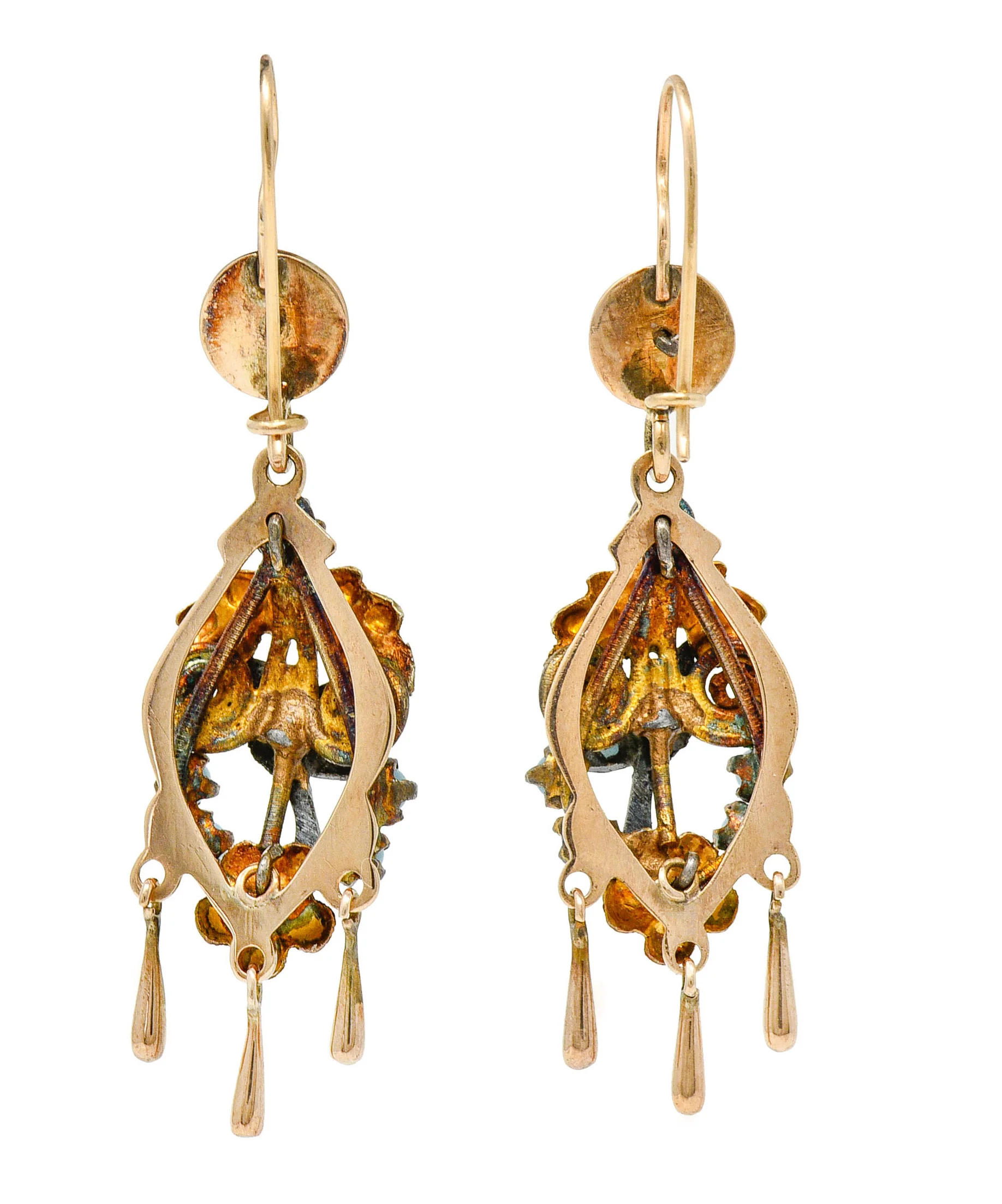 Victorian Pearl Glass Cabochon 14 Karat Tri-Colored Gold Bird & Foliate Drop Earrings - Image 4