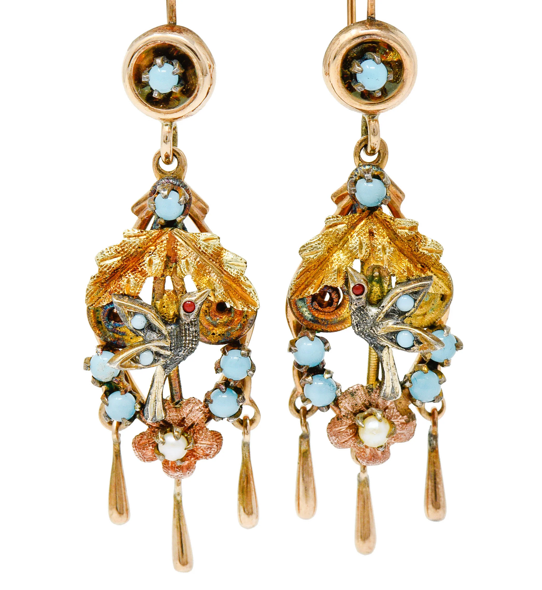Victorian Pearl Glass Cabochon 14 Karat Tri-Colored Gold Bird & Foliate Drop Earrings - Image 5