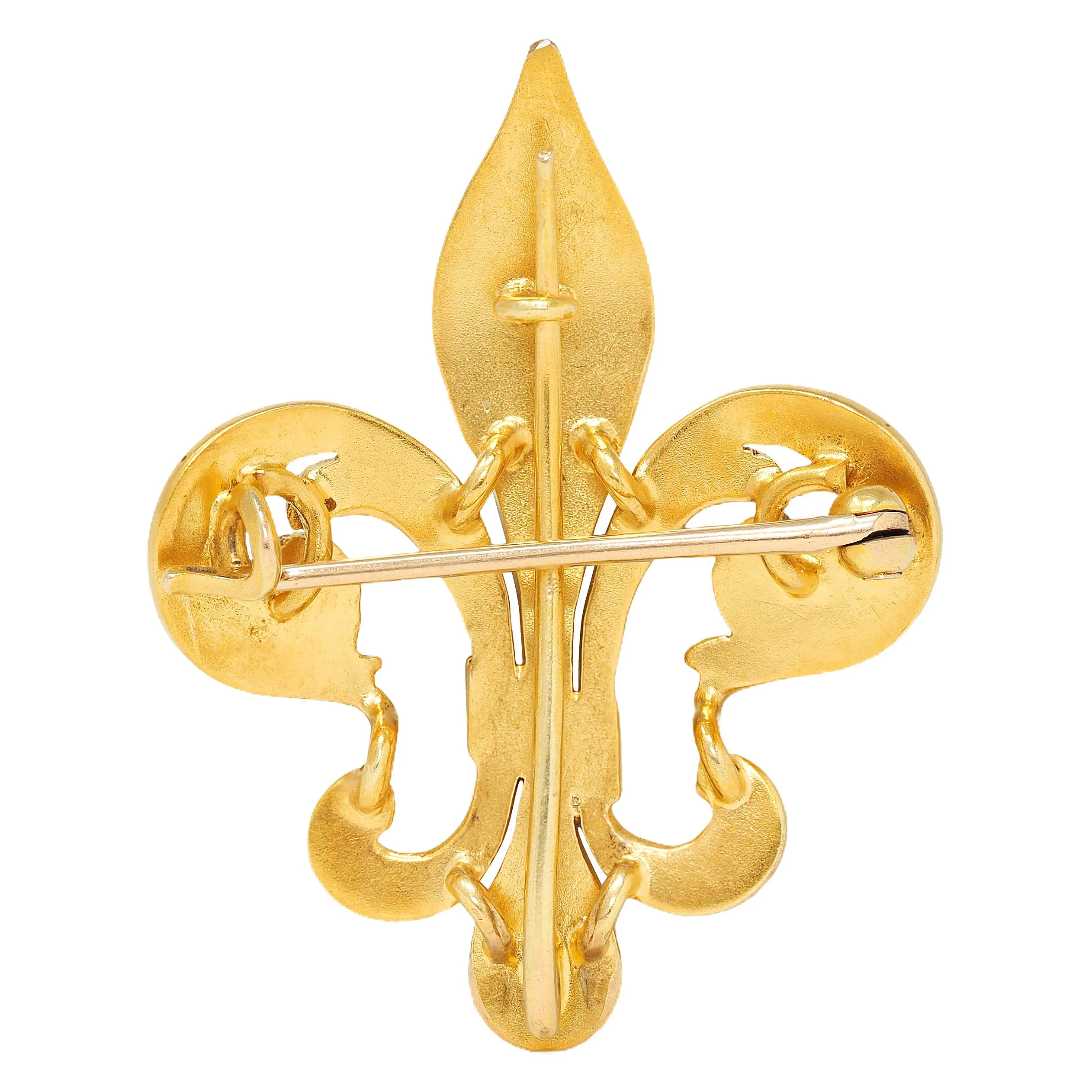 Victorian Pearl Guilloché Enamel 14 Karat Yellow Gold Antique Fleur-De-Lis Brooch - Image 4