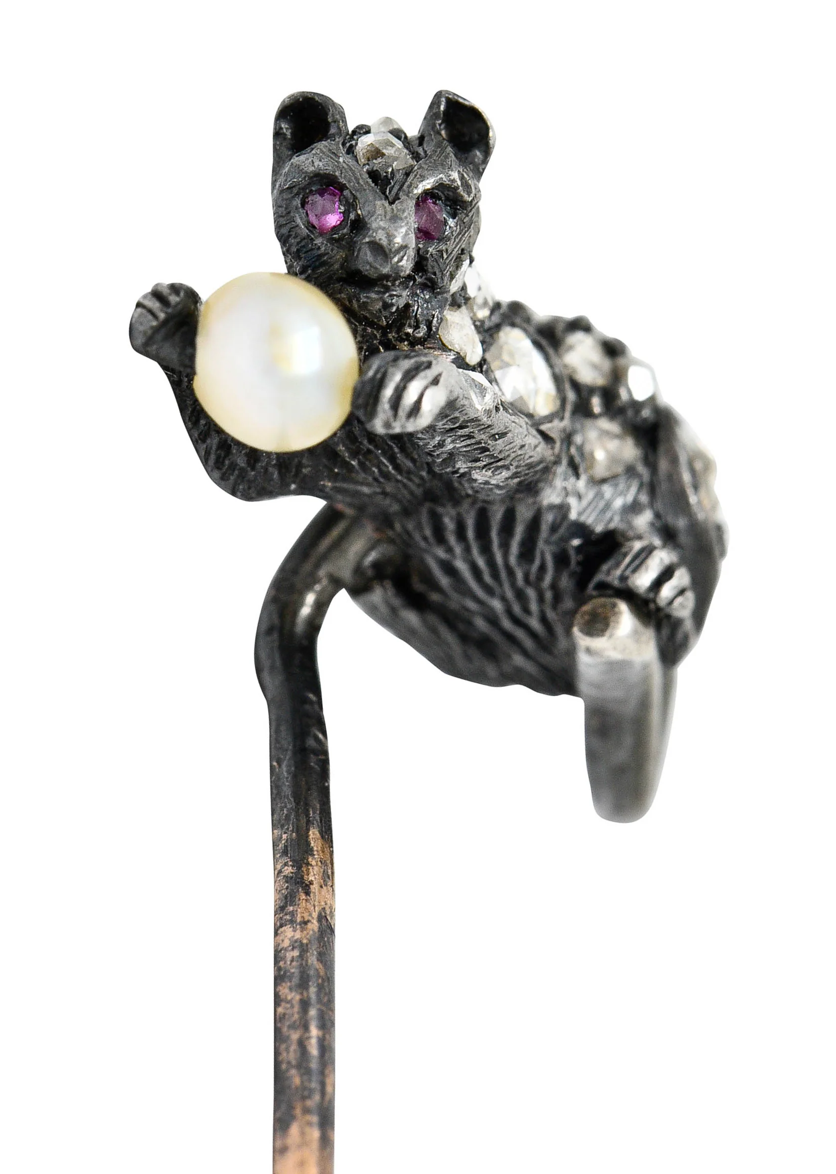 Victorian Pearl Rose Cut Diamond Silver 18 Karat Gold Kitten Stickpin - Image 12