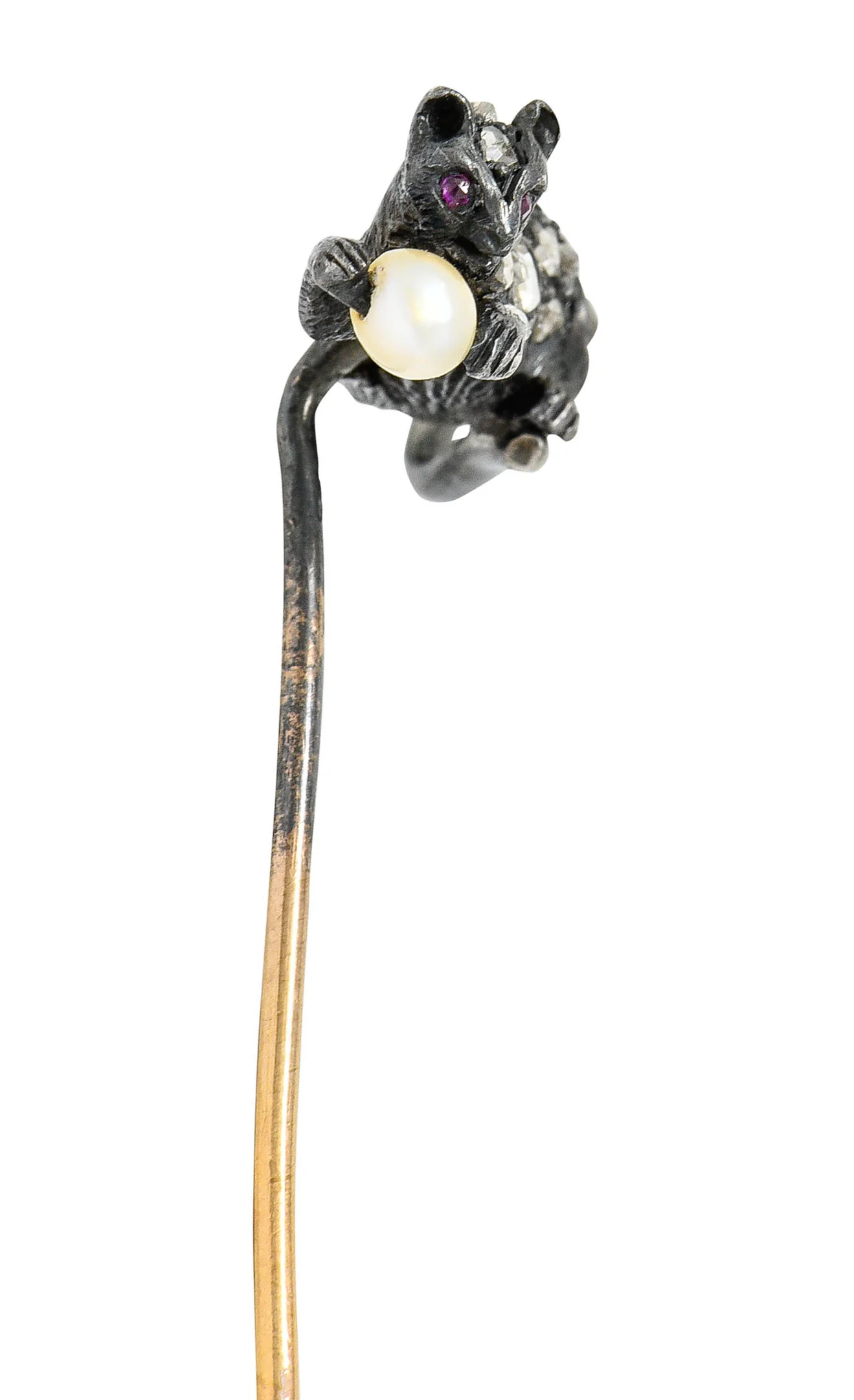 Victorian Pearl Rose Cut Diamond Silver 18 Karat Gold Kitten Stickpin - Image 3