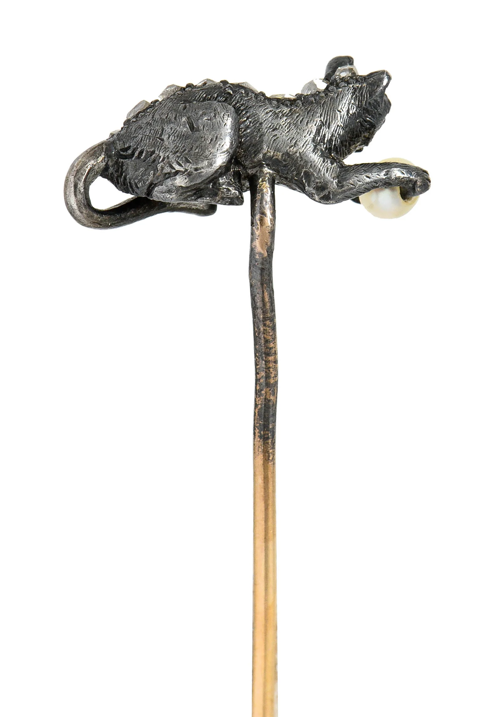 Victorian Pearl Rose Cut Diamond Silver 18 Karat Gold Kitten Stickpin - Image 4