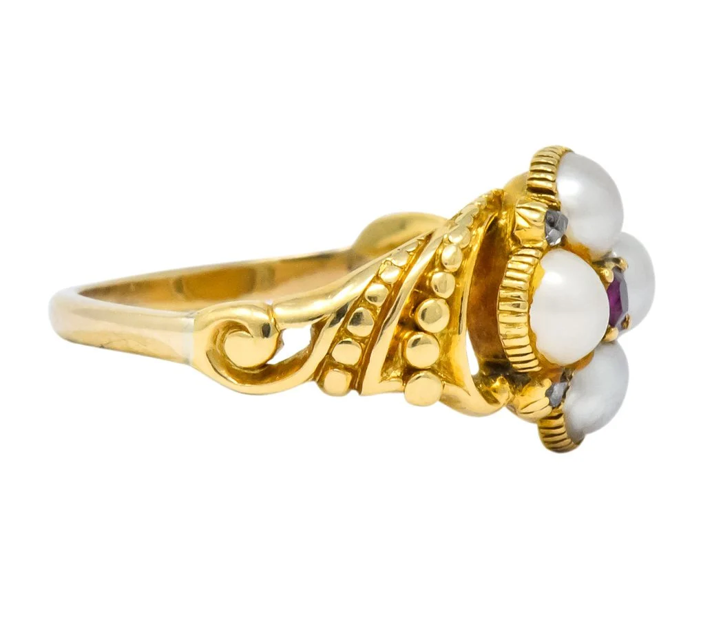 Victorian Pearl Ruby Diamond 14 Karat Gold Ring - Image 3