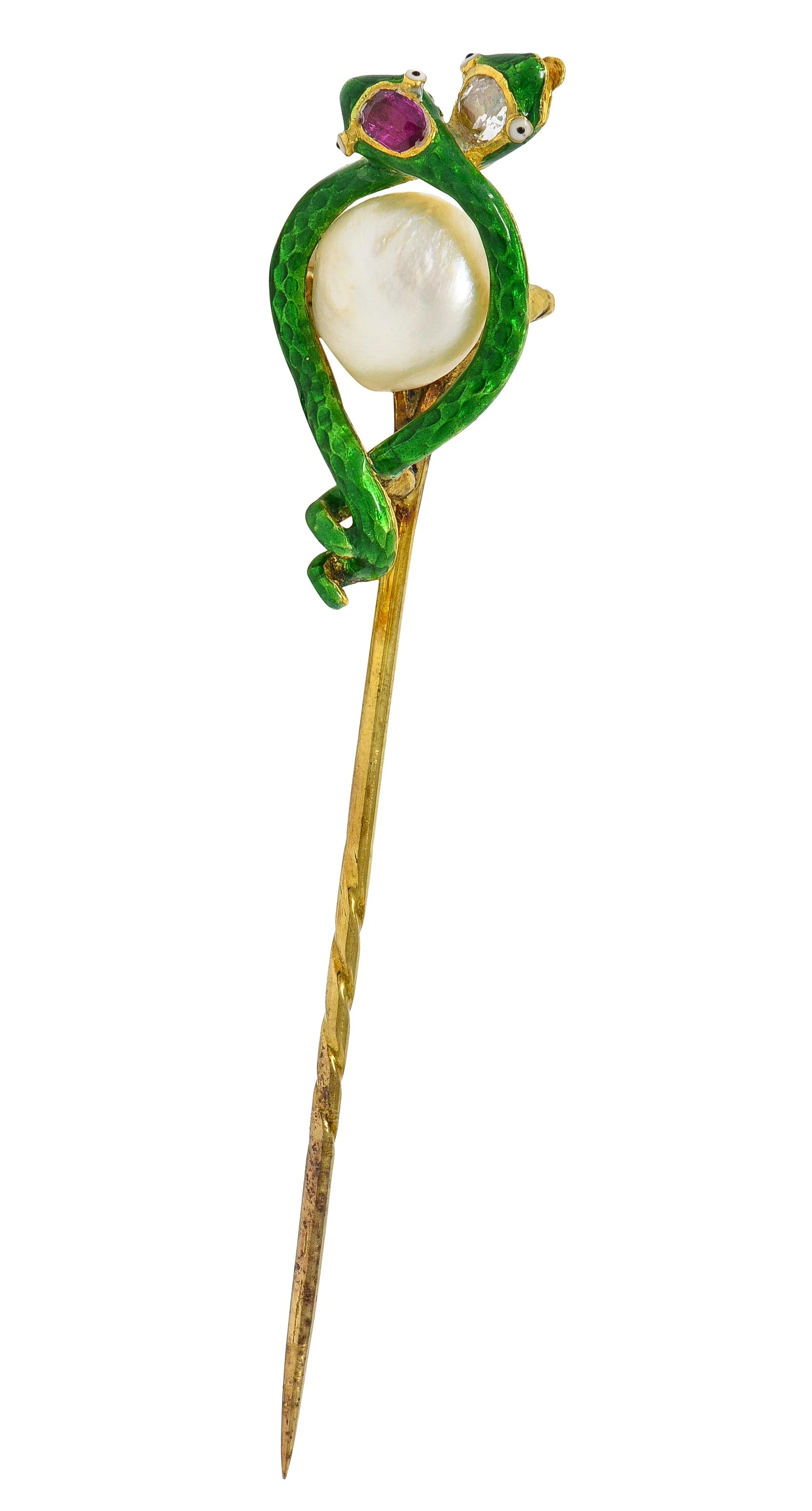 Victorian Pearl Ruby Diamond 18 Karat Yellow Gold Antique Snake Stickpin - Image 3
