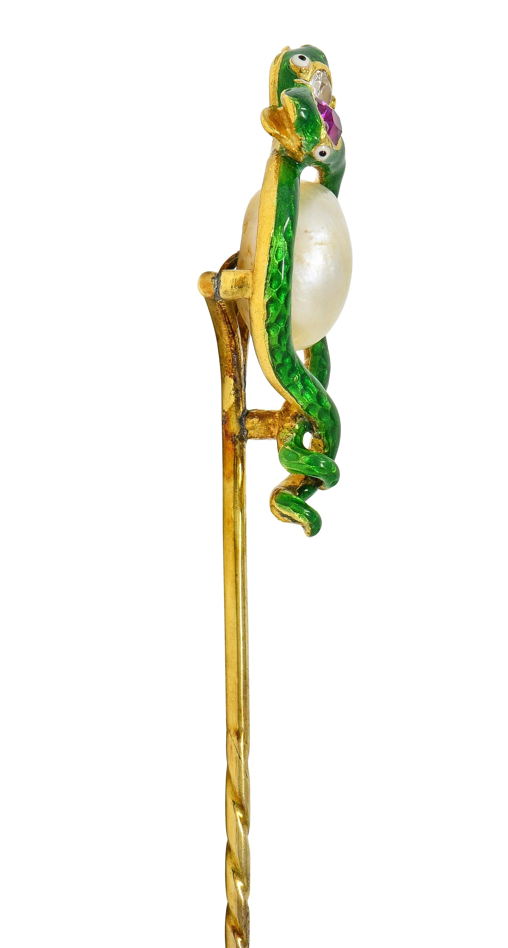 Victorian Pearl Ruby Diamond 18 Karat Yellow Gold Antique Snake Stickpin - Image 4