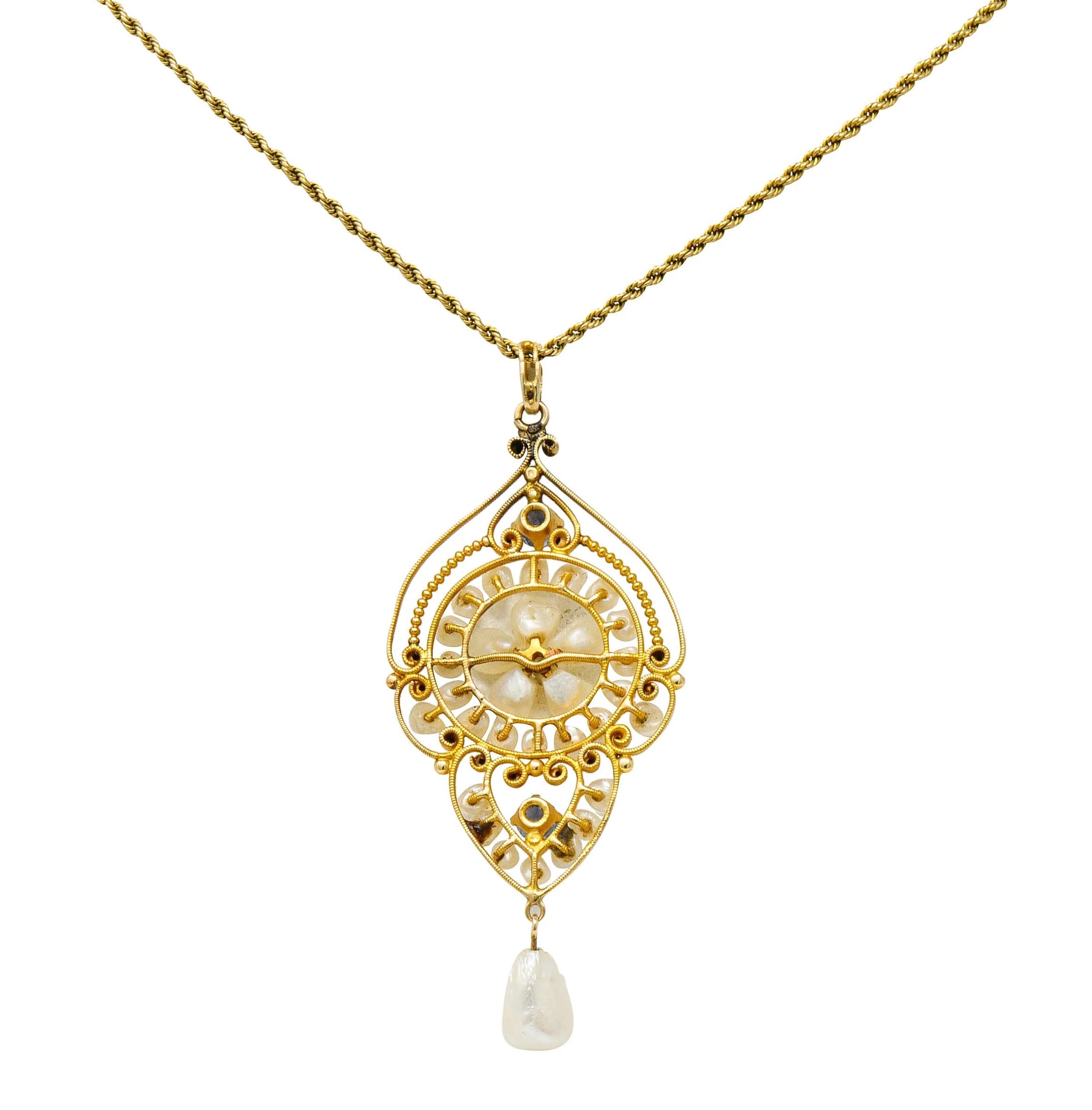 Victorian Pearl Sapphire Diamond 14 Karat Gold Floral Drop Pendant Necklace - Image 4