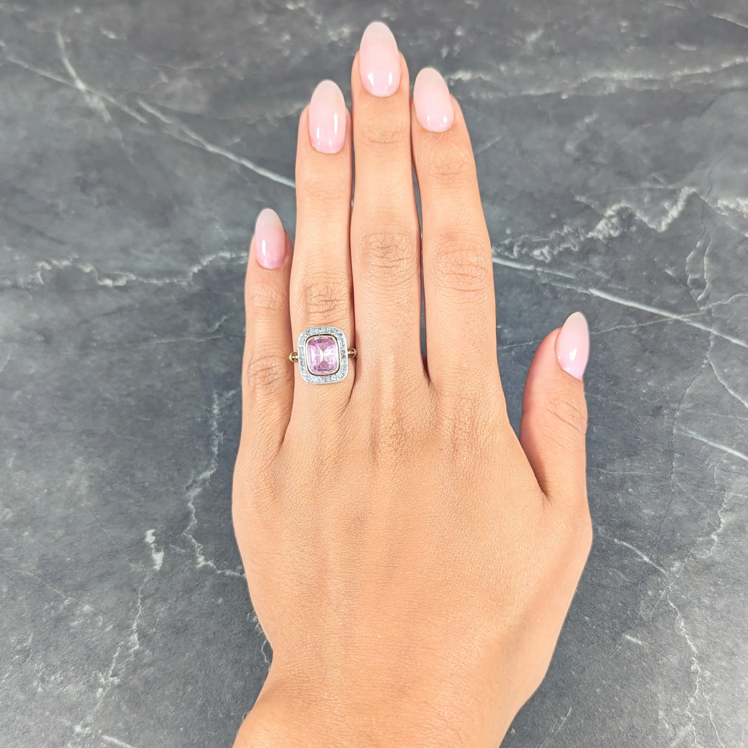 Victorian Pink Sapphire Diamond Platinum 18 Karat Gold Halo Antique Ring - Image 10