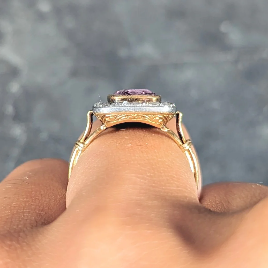 Victorian Pink Sapphire Diamond Platinum 18 Karat Gold Halo Antique Ring - Image 11