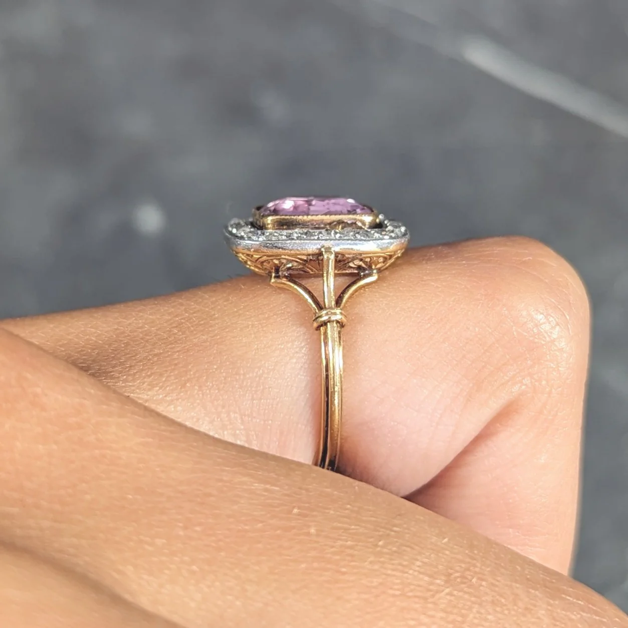Victorian Pink Sapphire Diamond Platinum 18 Karat Gold Halo Antique Ring - Image 12